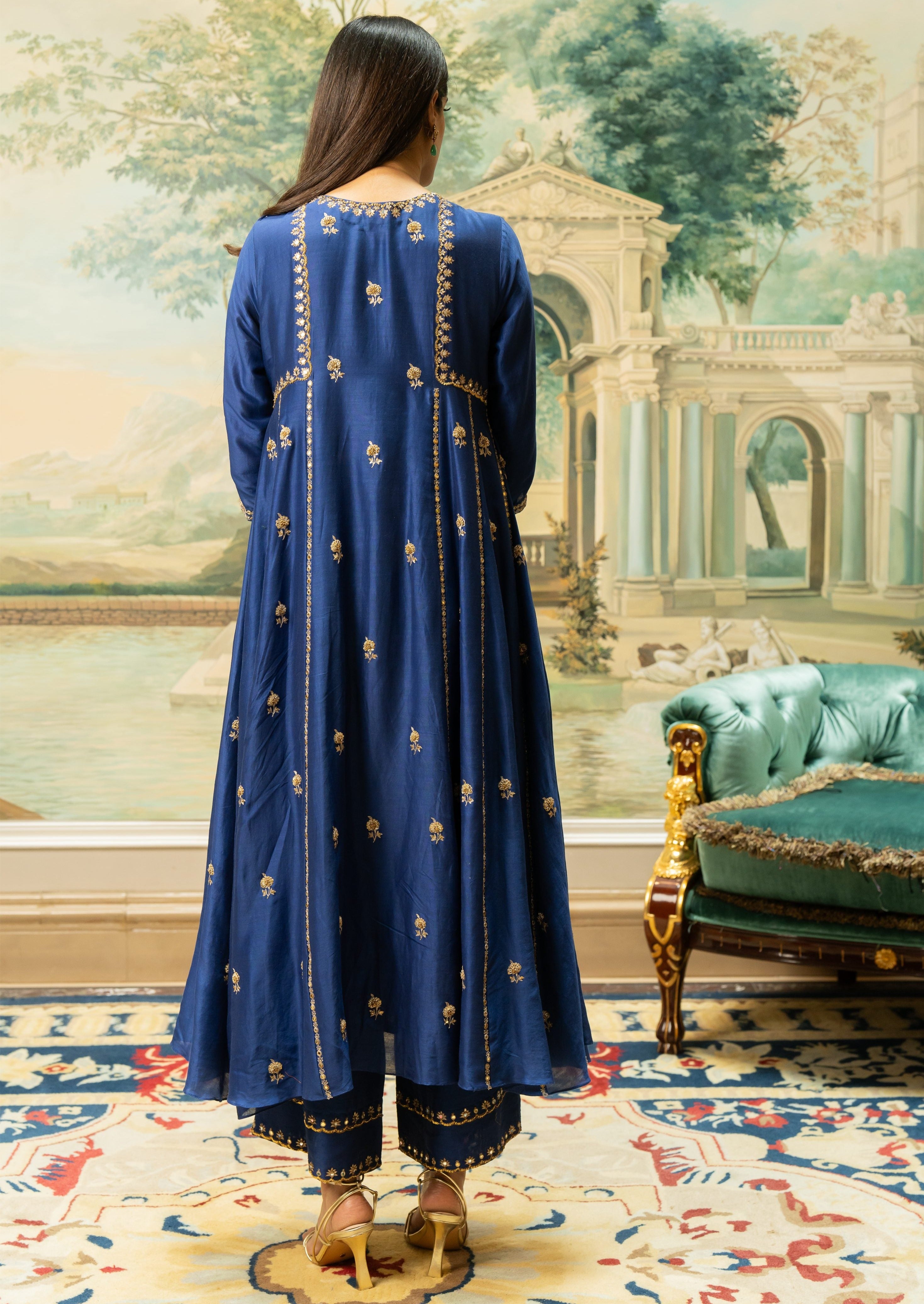 Electric Blue Butti Embroidered Kurta Set