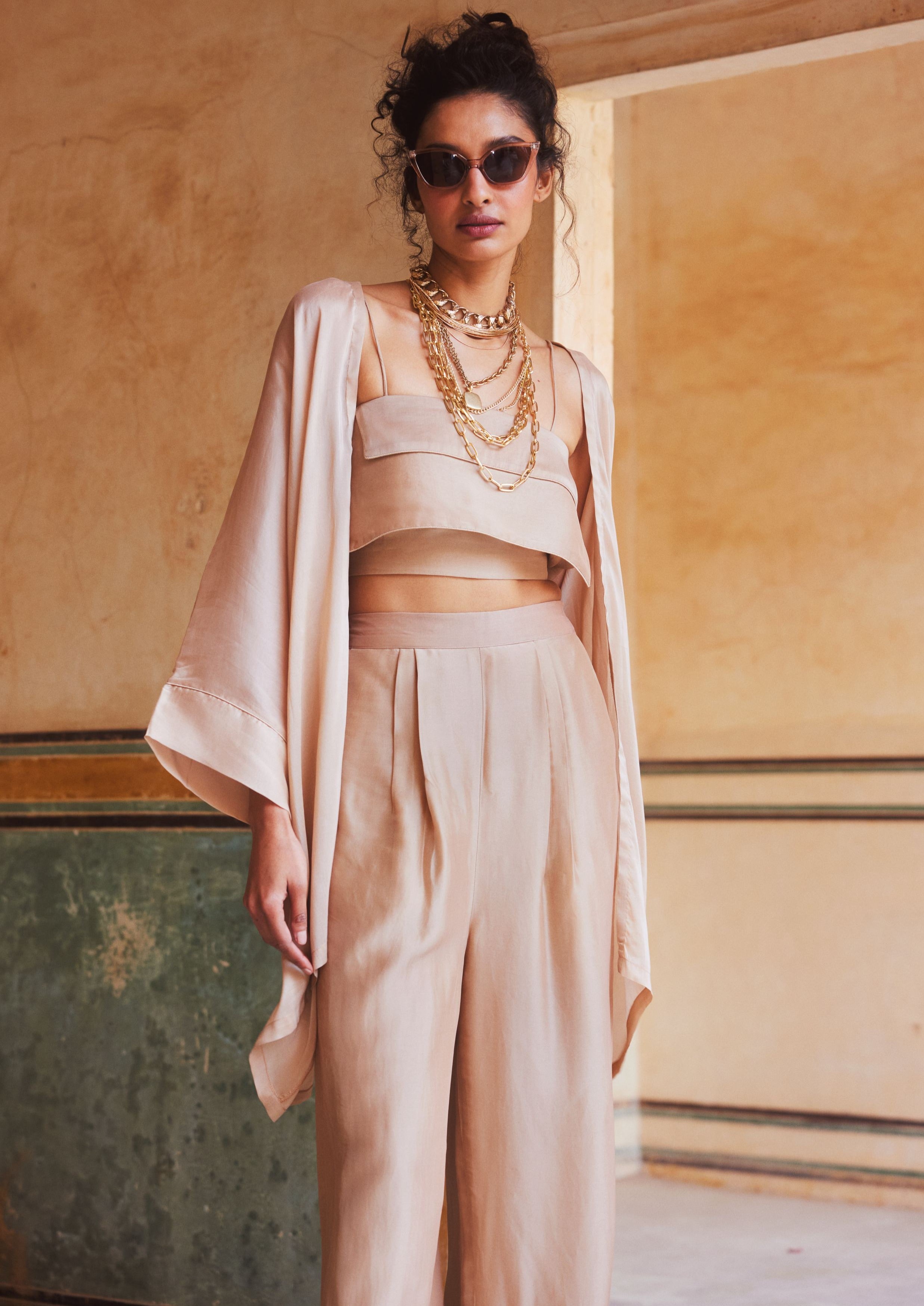 Soft Shell Pink Relaxed Fit Silk Organza Jacket Set