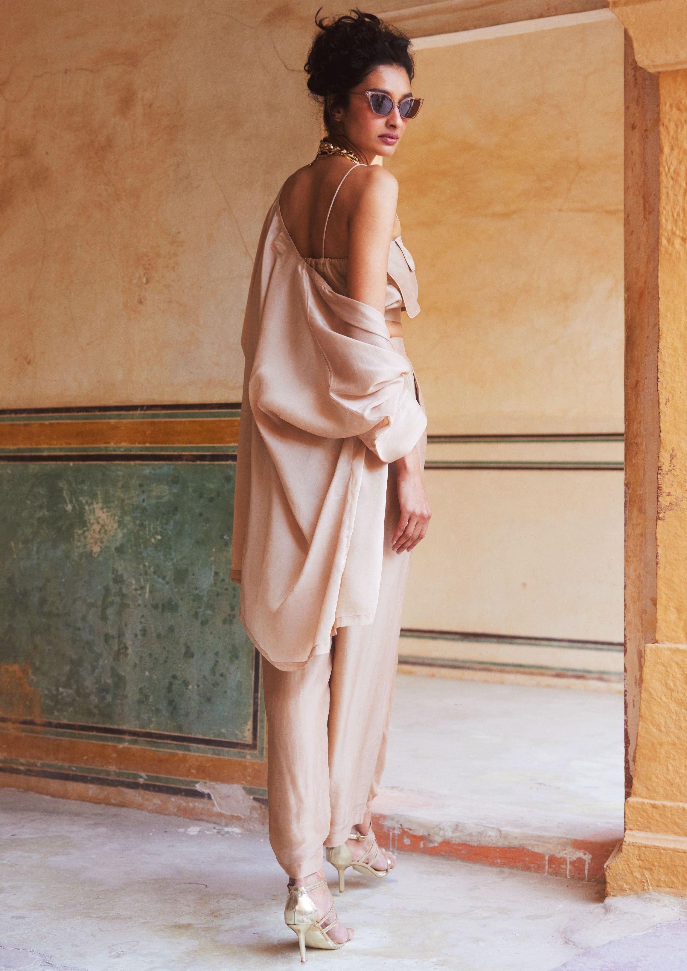 Soft Shell Pink Relaxed Fit Silk Organza Jacket Set