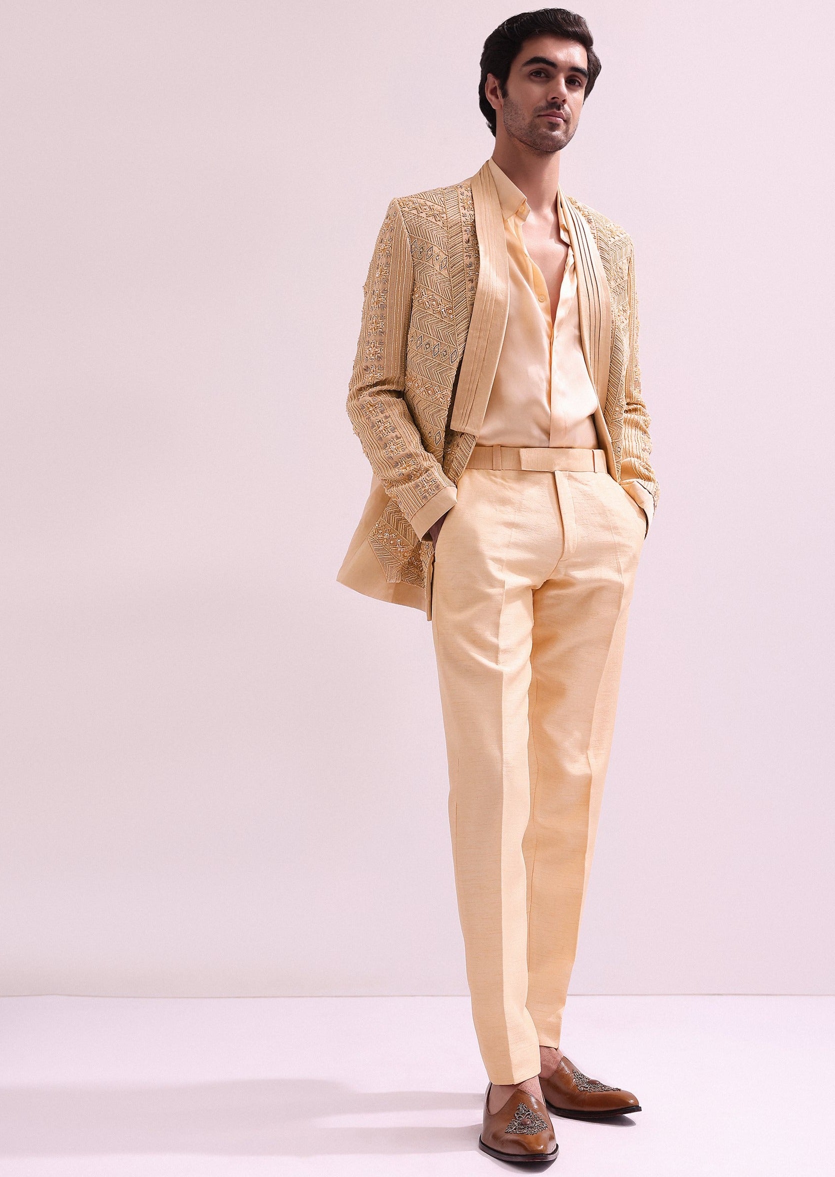 Peach Linen Satin Lapel Tuxedo Set