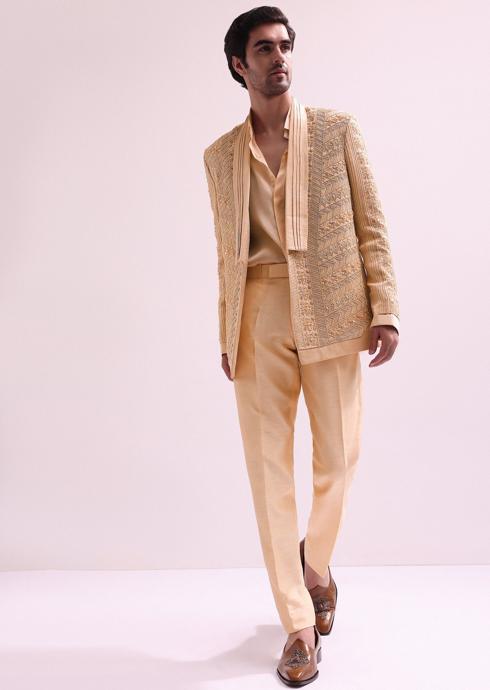 Peach Linen Satin Lapel Tuxedo Set