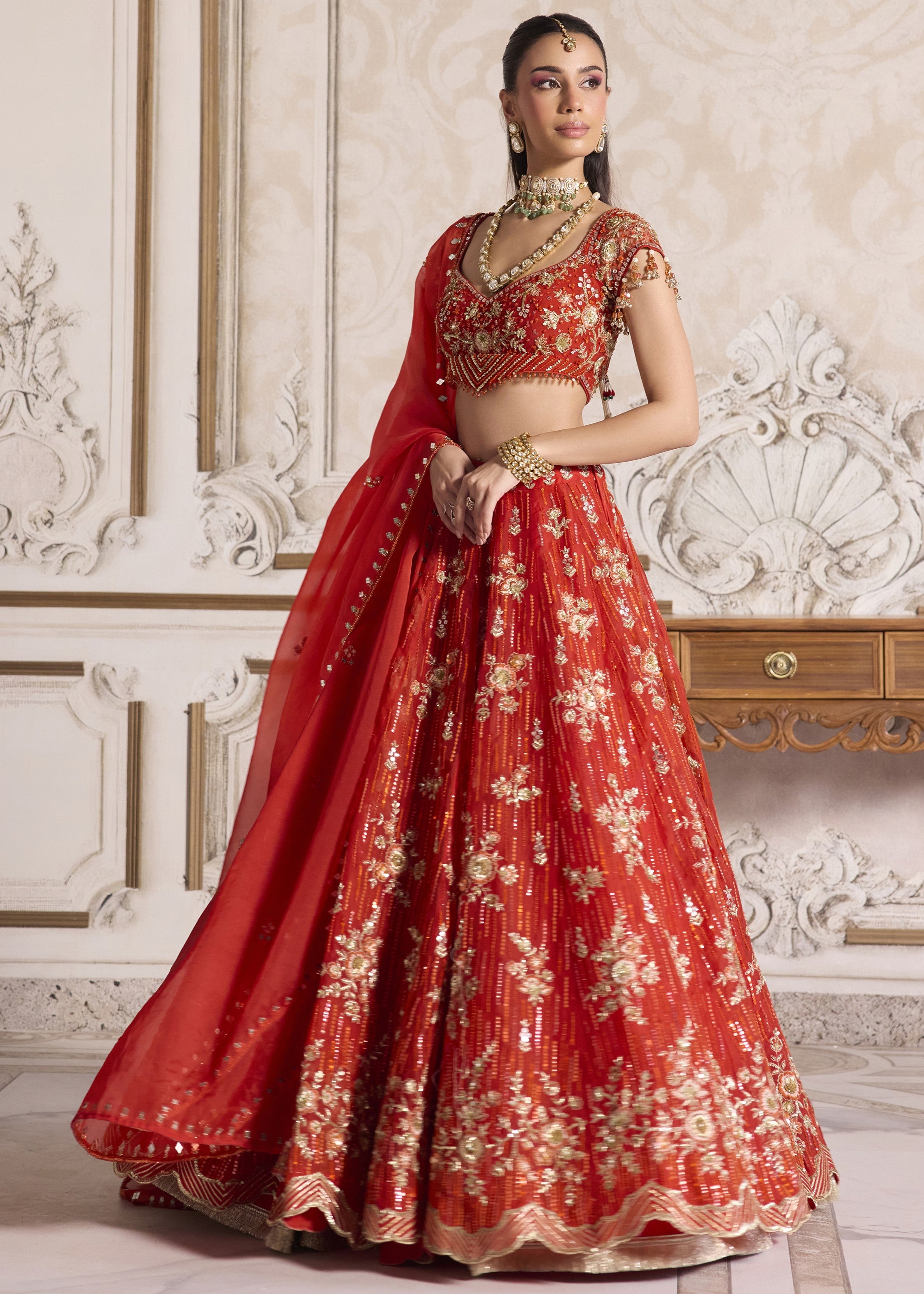 Rust Organza Lehenga
