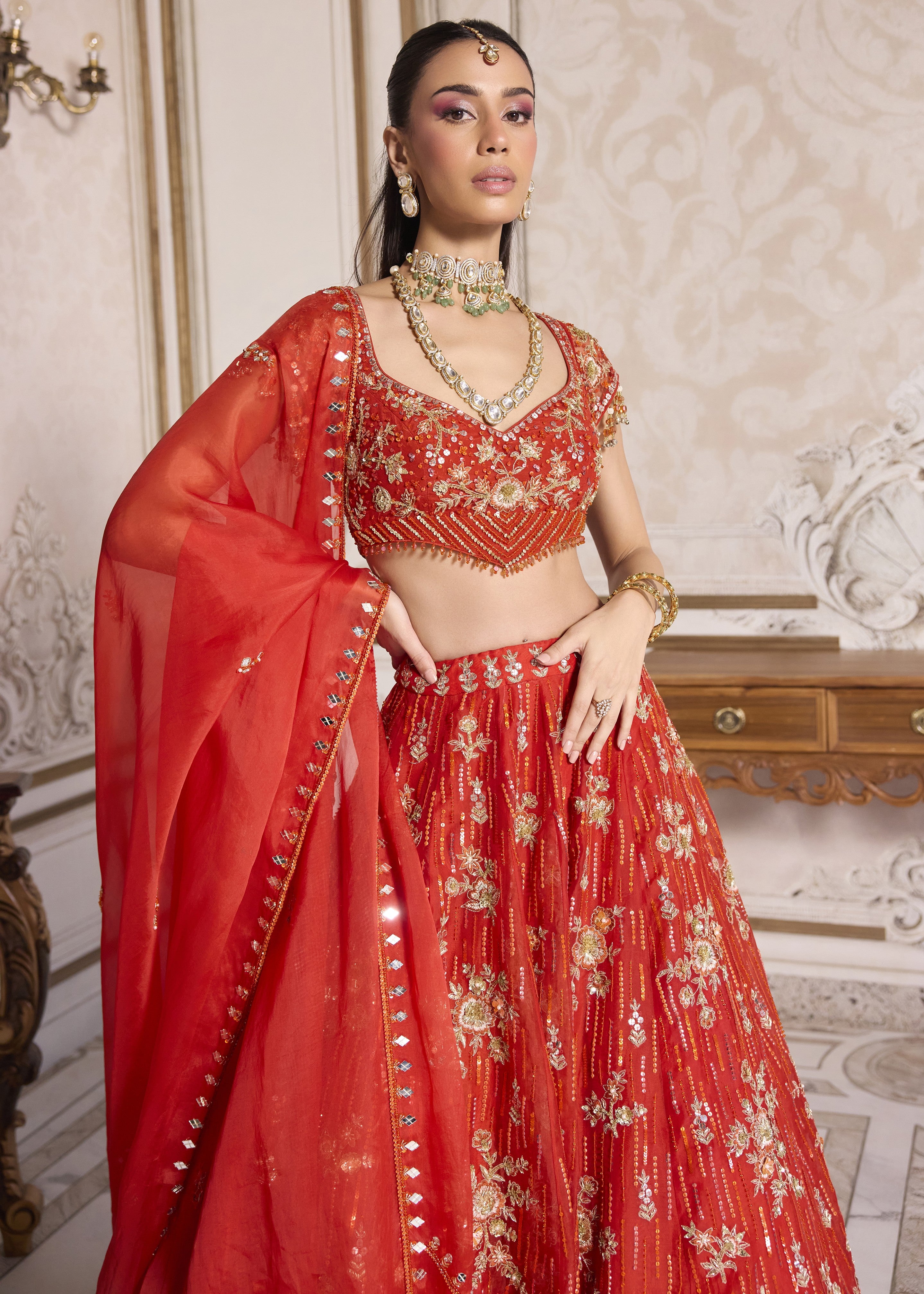 Rust Organza Lehenga