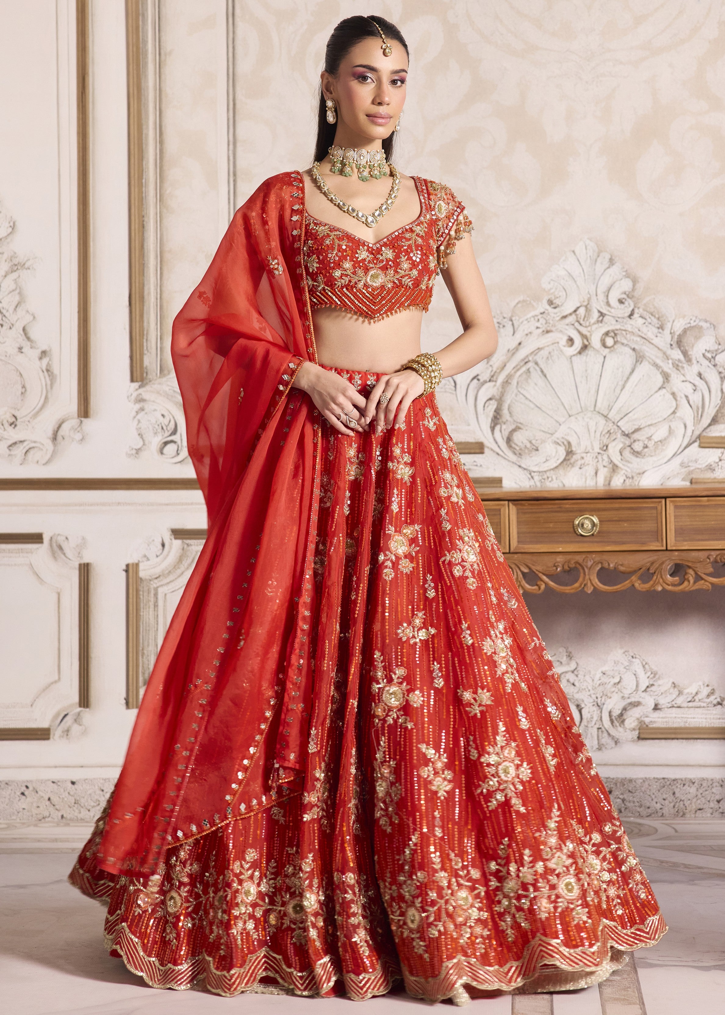 Rust Organza Lehenga
