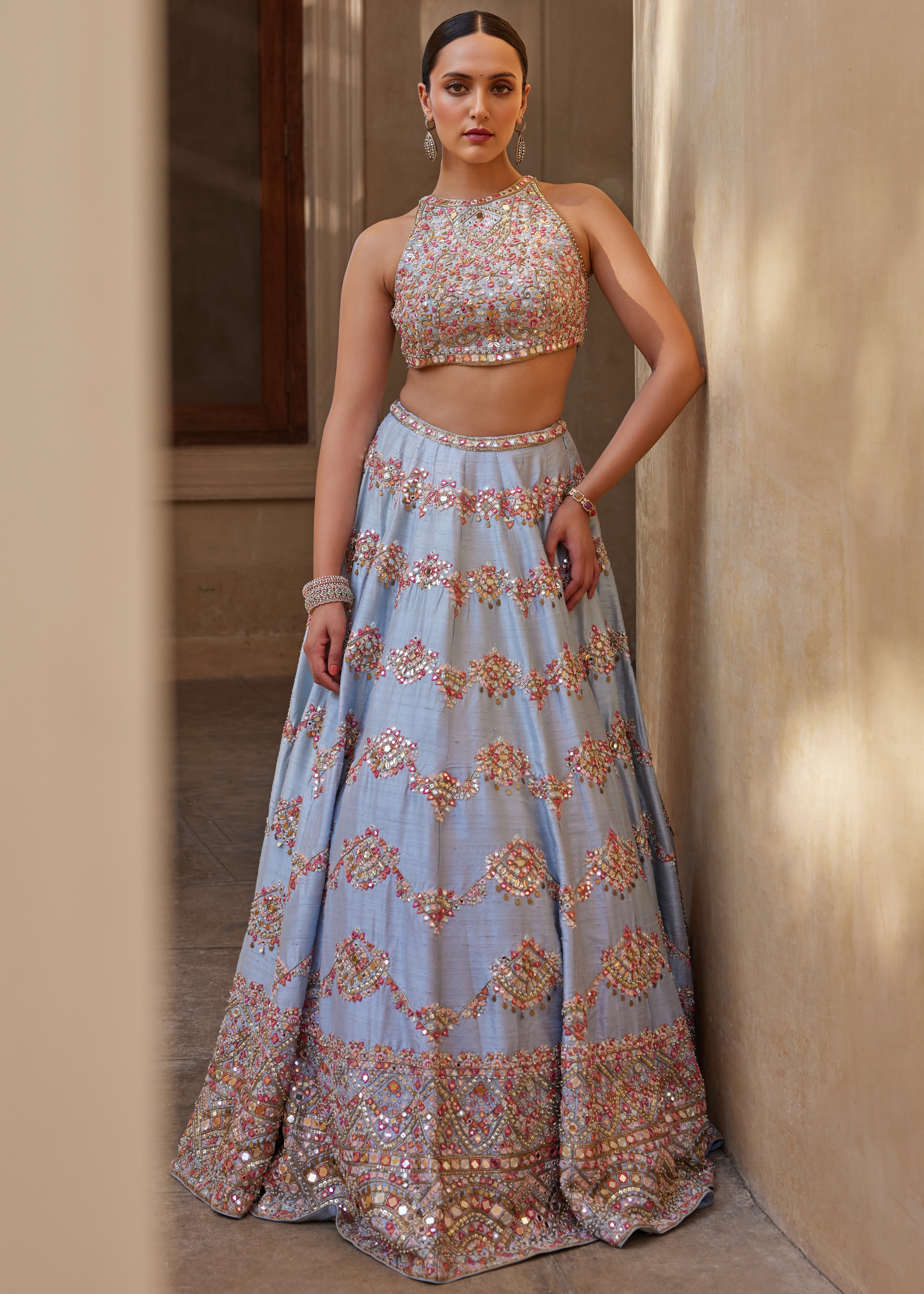 English Blue Mirror Lehenga