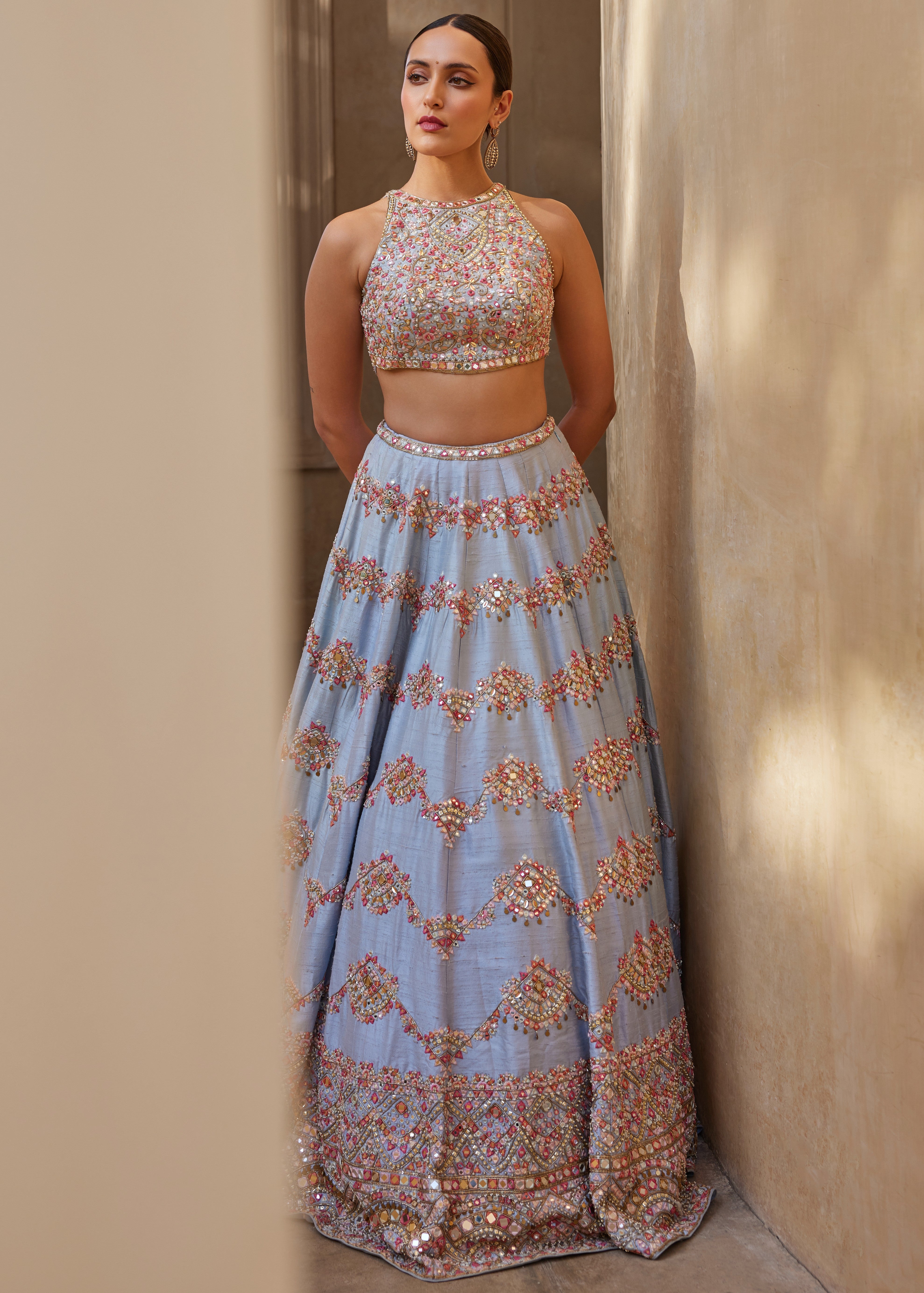English Blue Mirror Lehenga