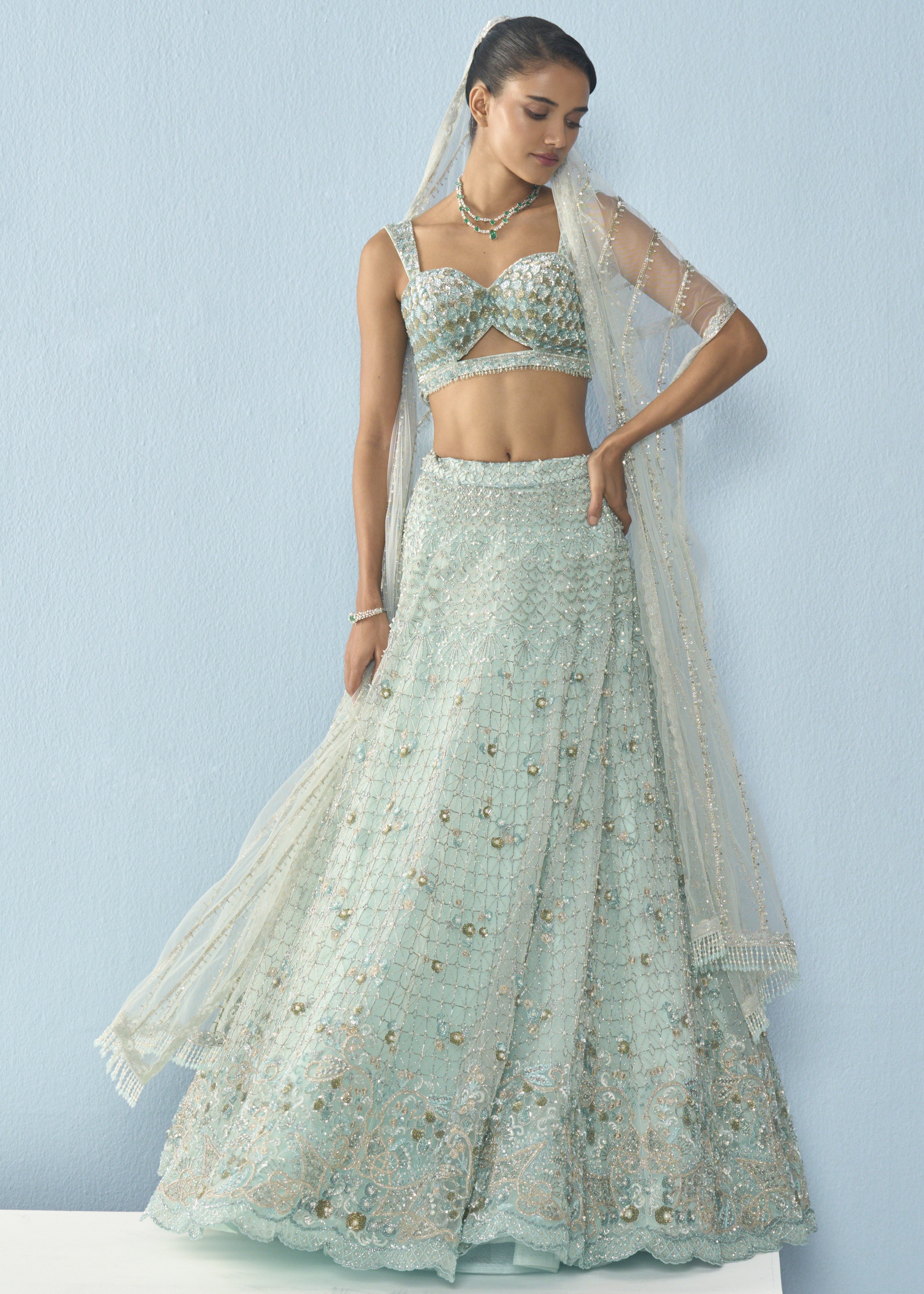 Aqua Blue Tulle Lehenga Set