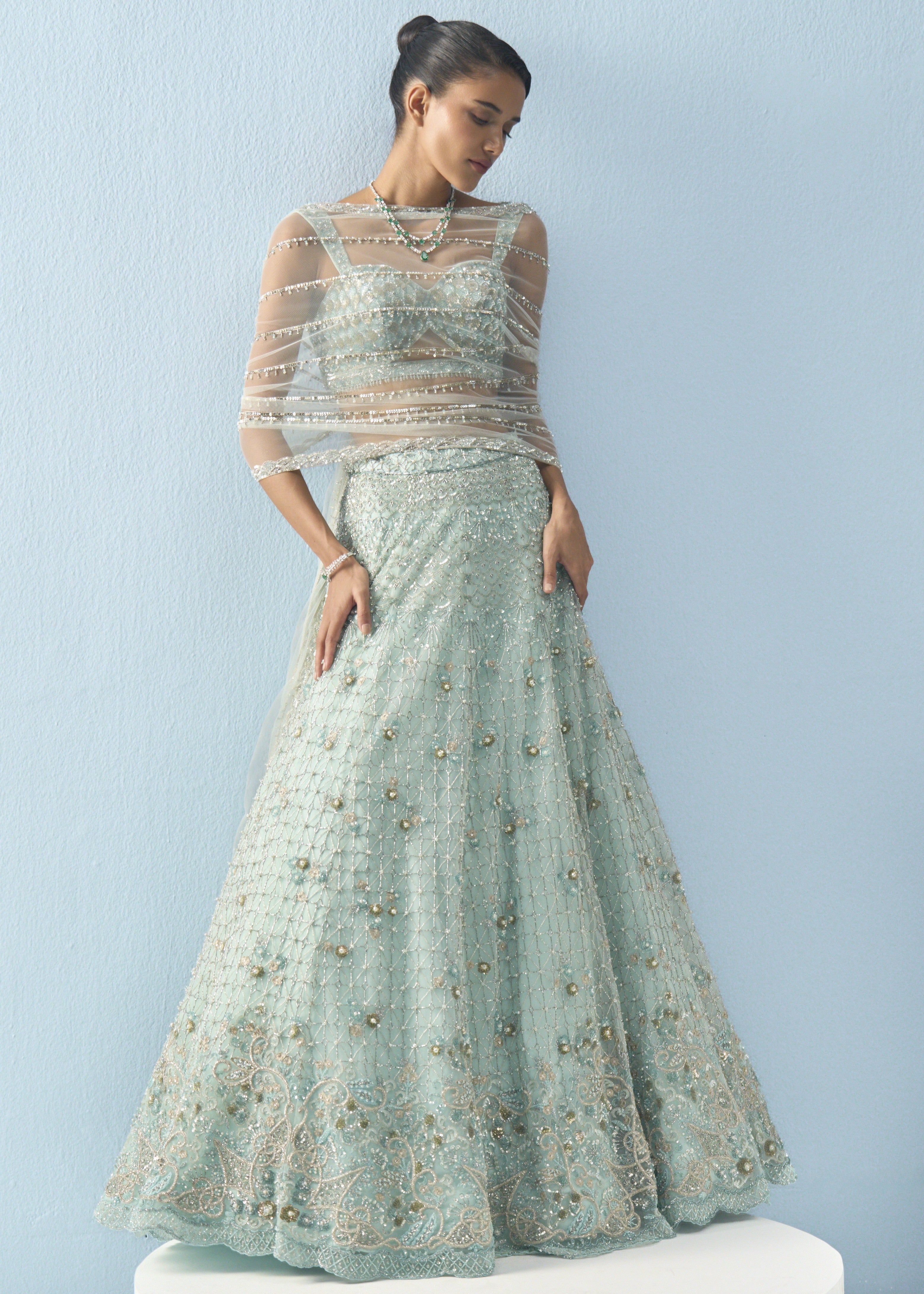 Aqua Blue Tulle Lehenga Set