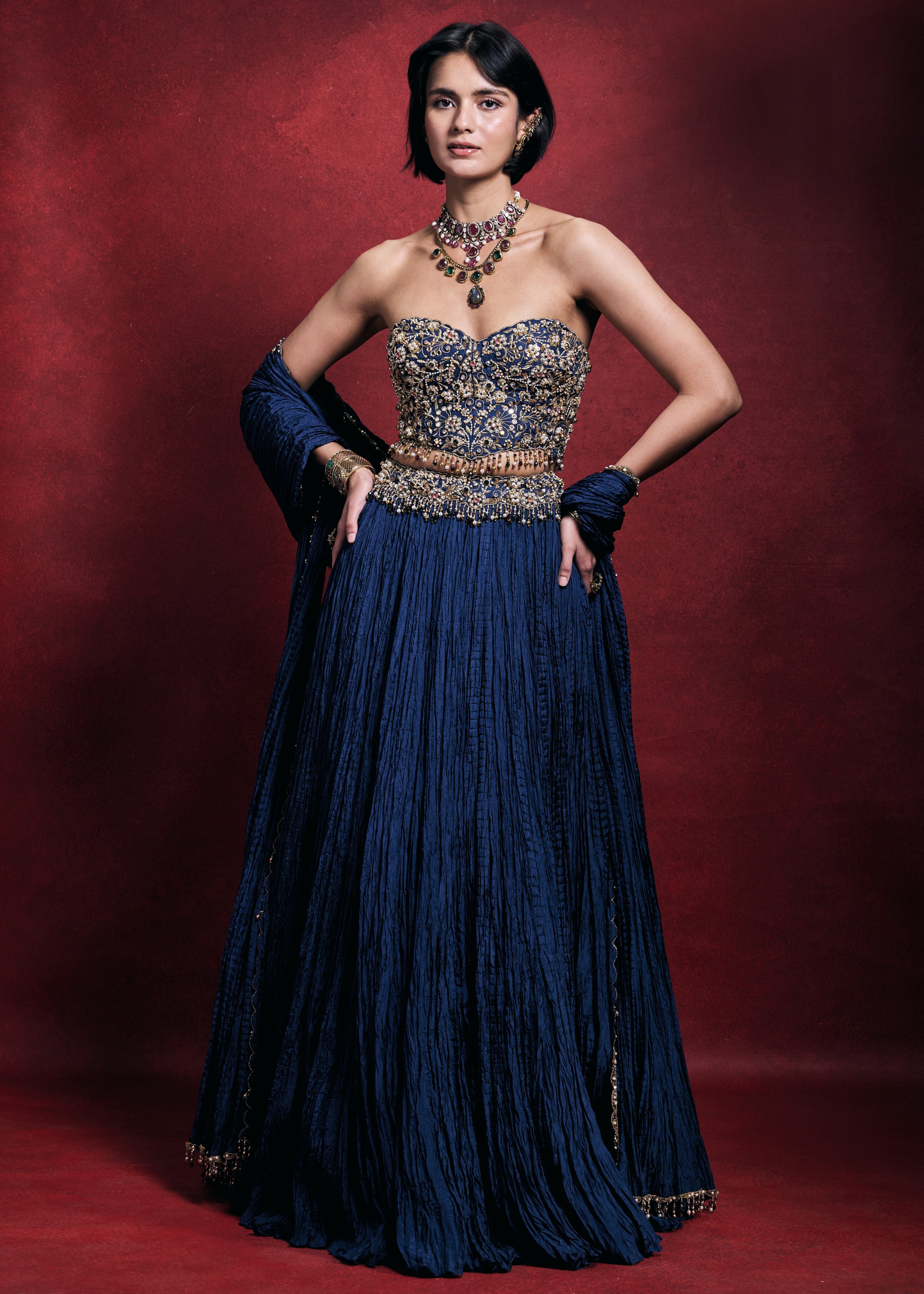 Royal Blue Crushed Lehenga Set