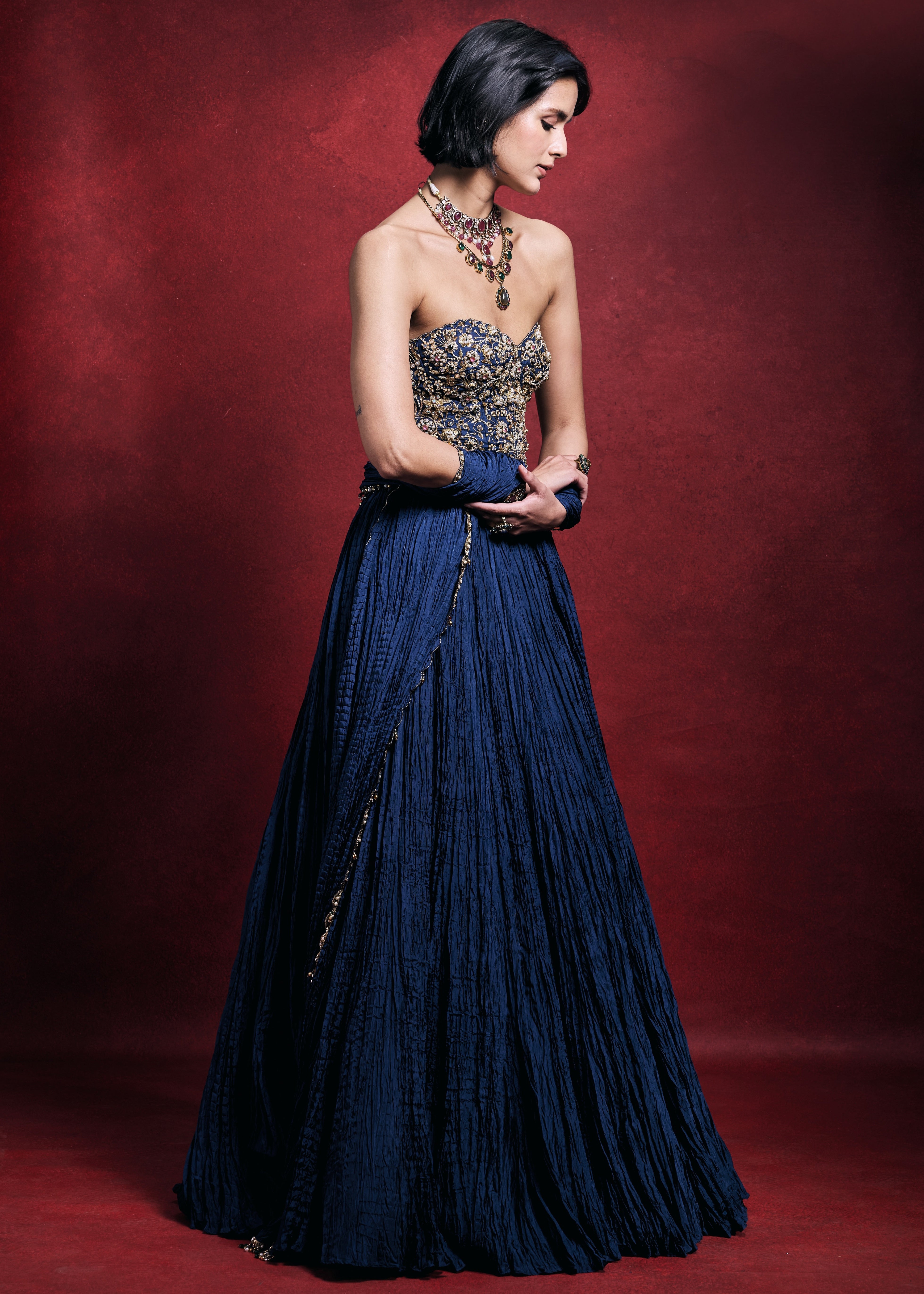 Royal Blue Crushed Lehenga Set