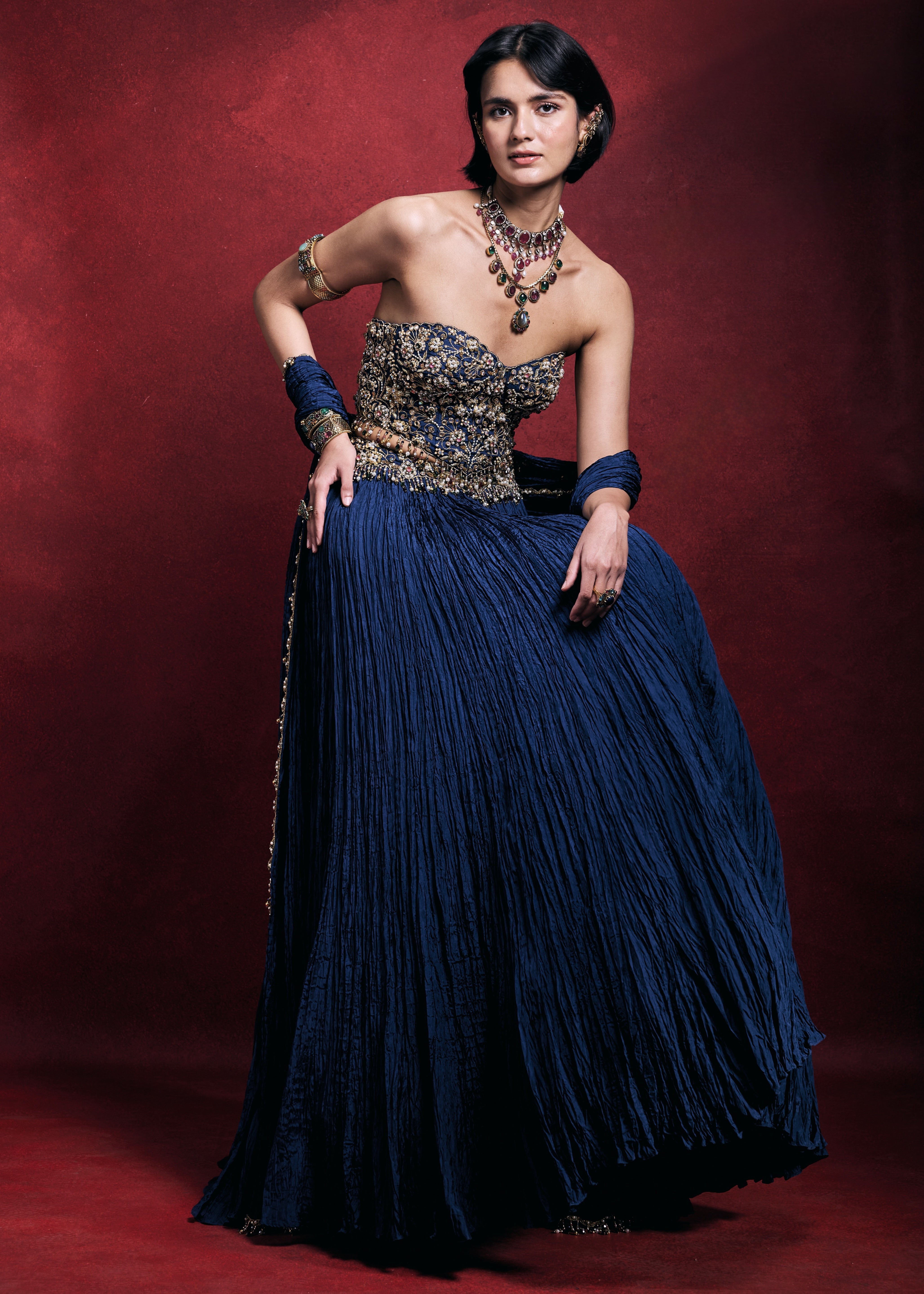 Royal Blue Crushed Lehenga Set