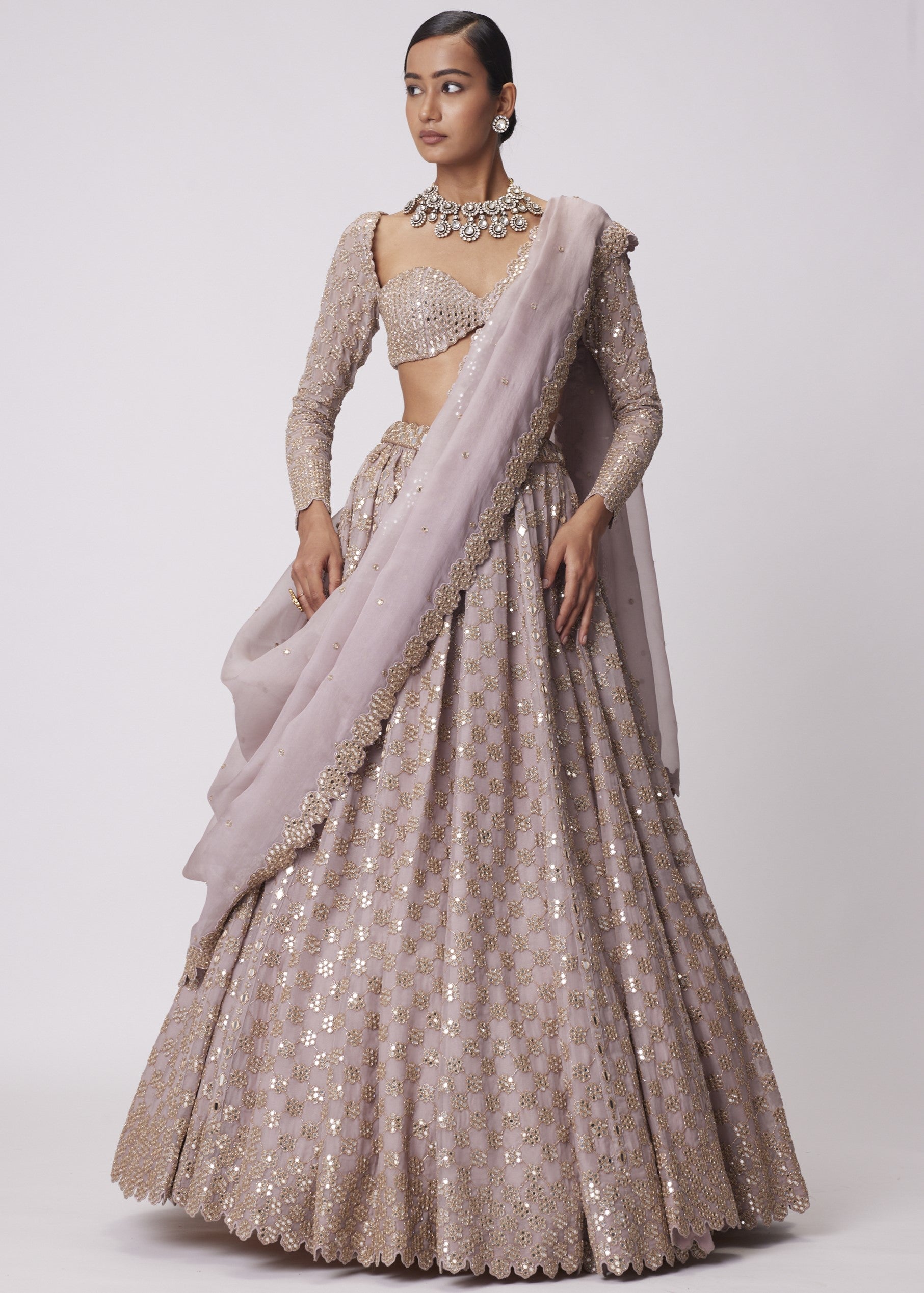 Ash Pink Flower Embroidered Lehenga Set