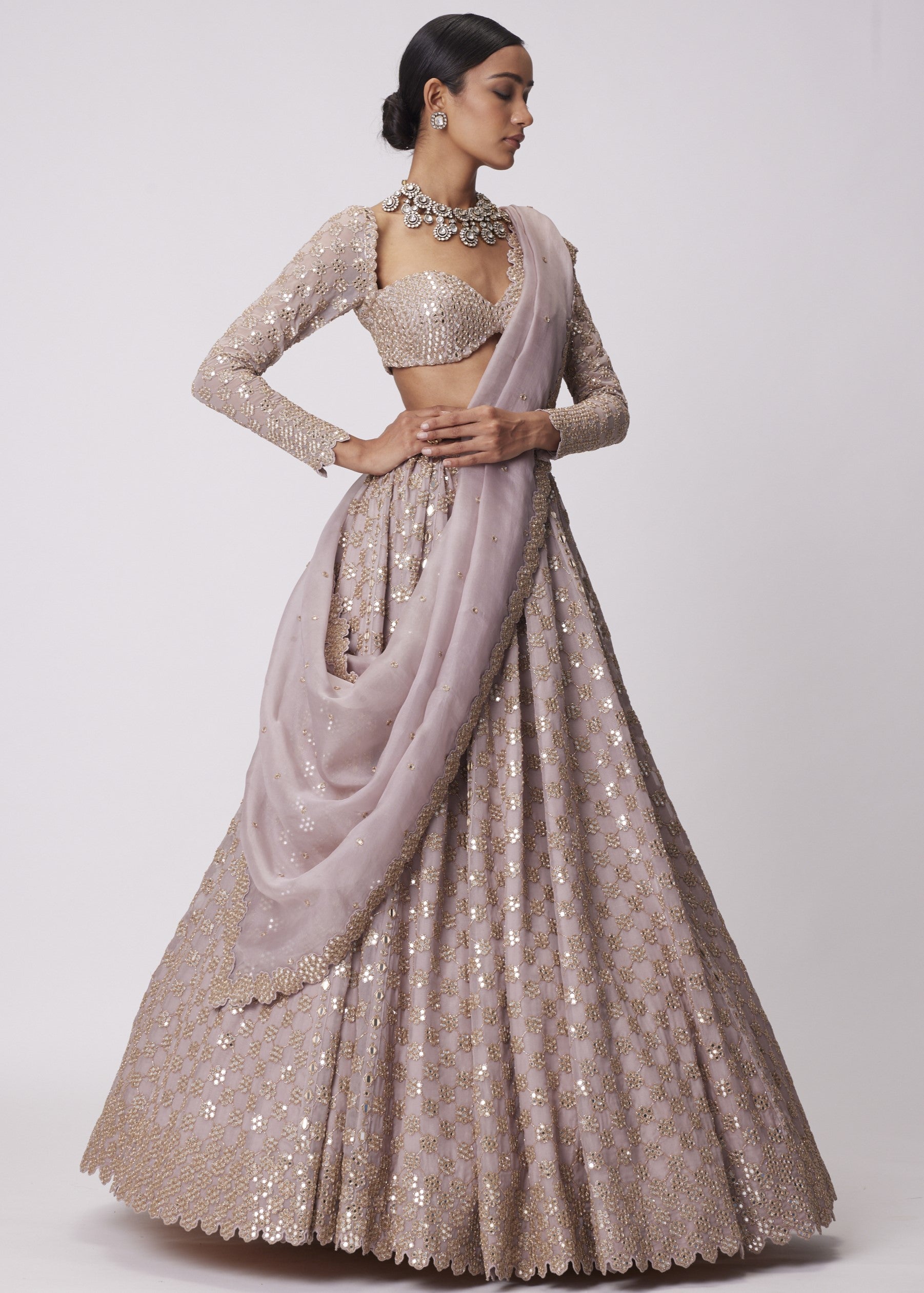 Ash Pink Flower Embroidered Lehenga Set