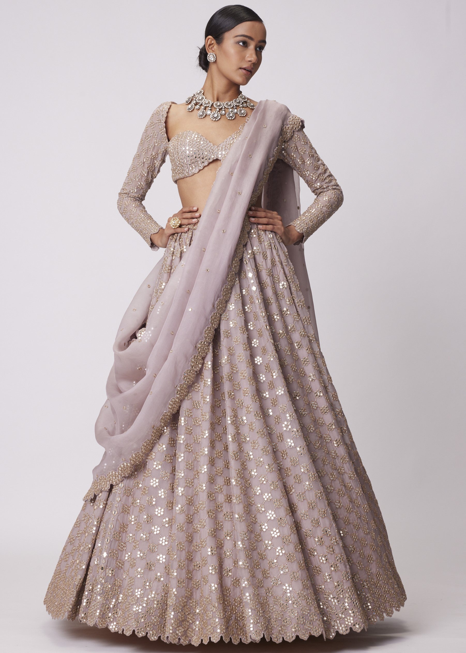 Ash Pink Flower Embroidered Lehenga Set