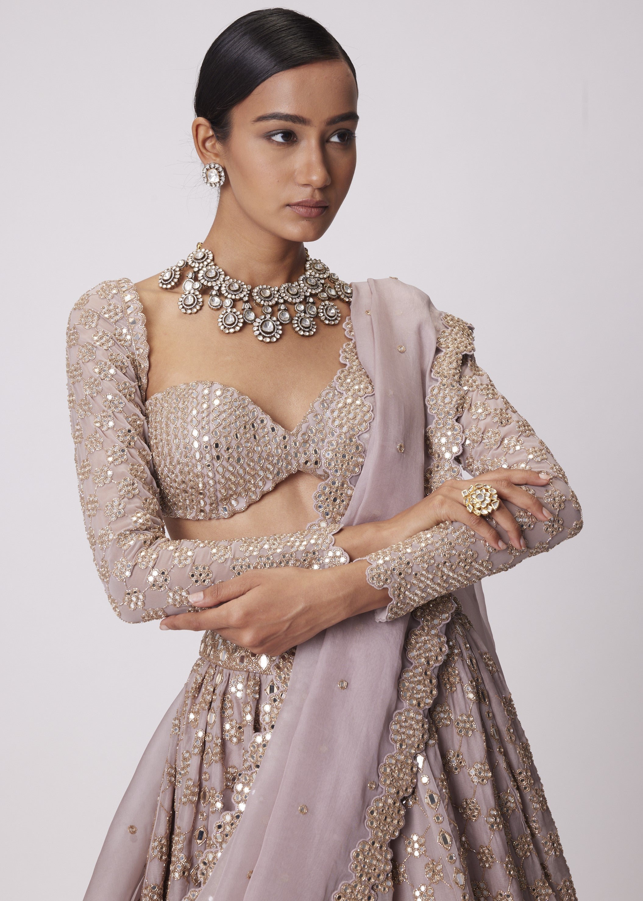 Ash Pink Flower Embroidered Lehenga Set