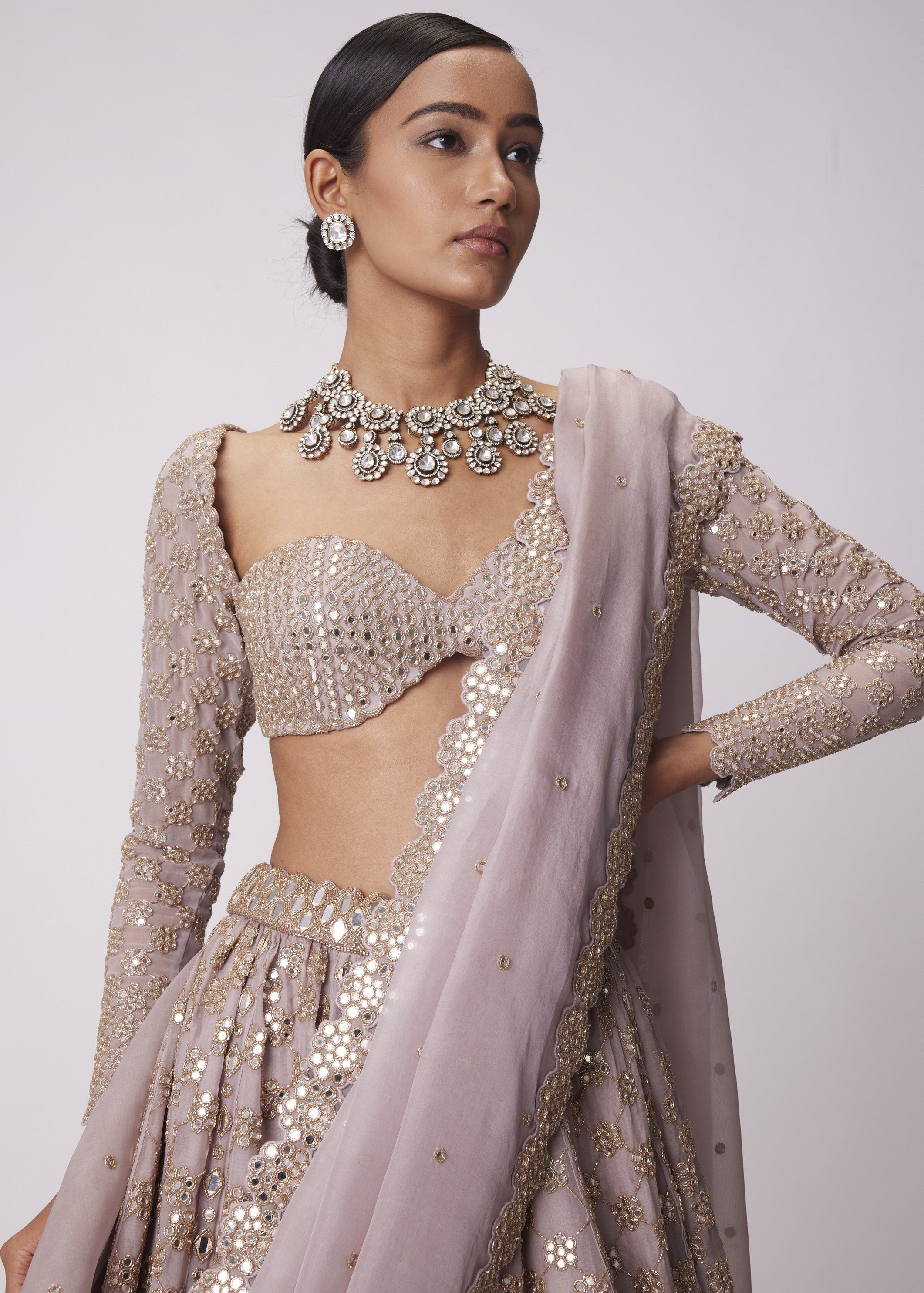Ash Pink Flower Embroidered Lehenga Set