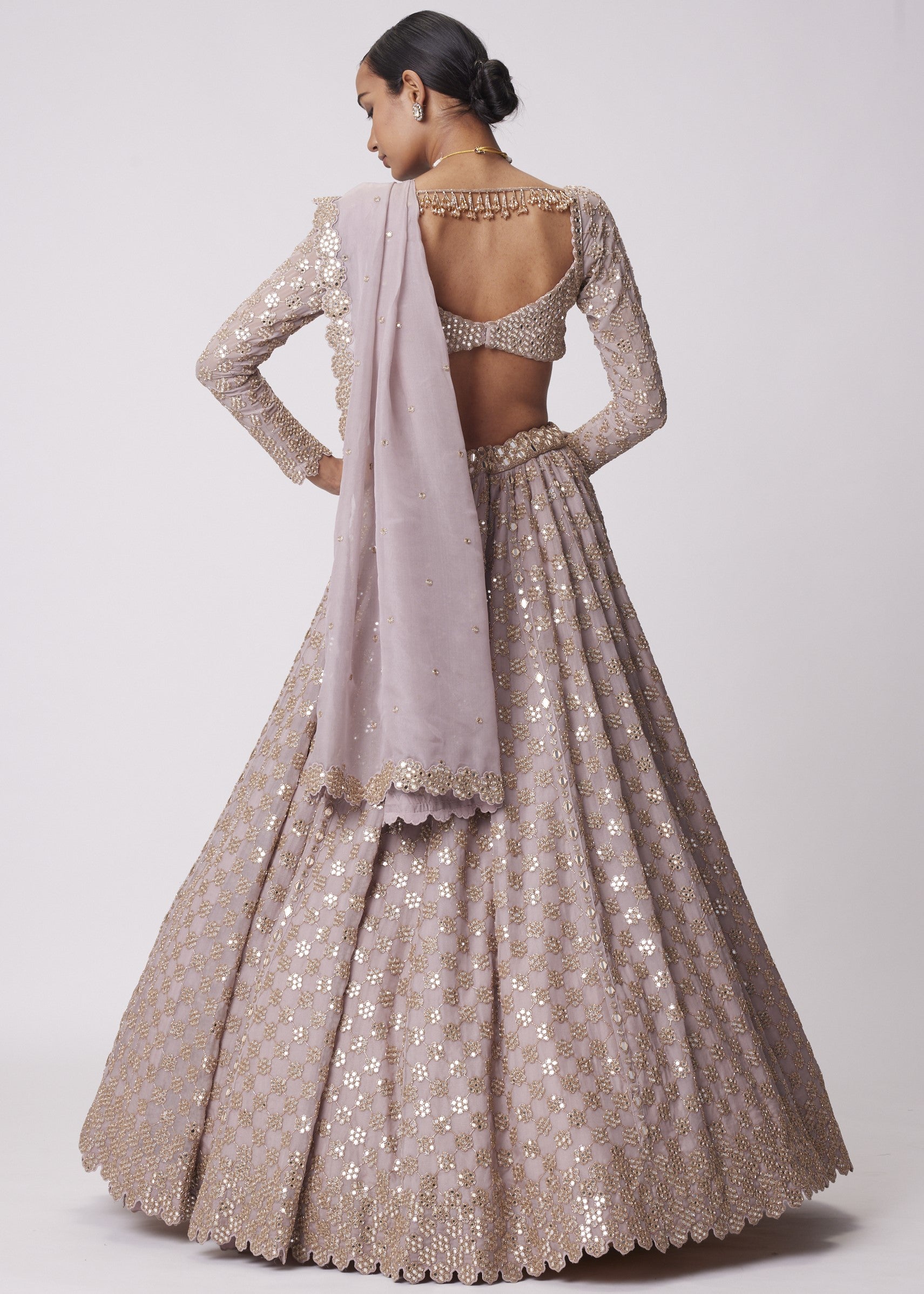 Ash Pink Flower Embroidered Lehenga Set