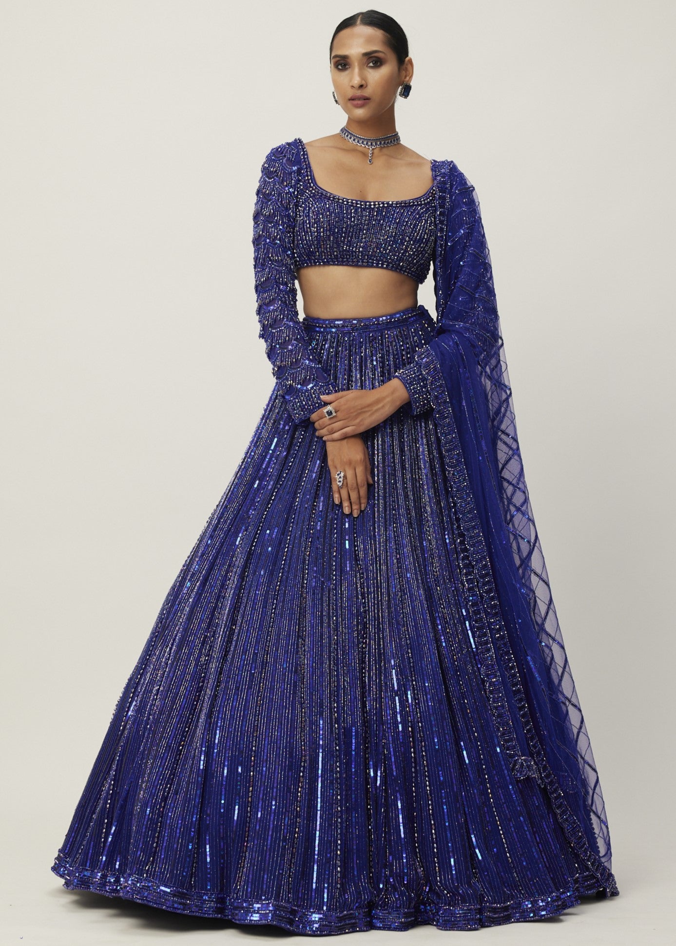 Cocktail Blue Crystal Linear Embroidered Lehenga Set