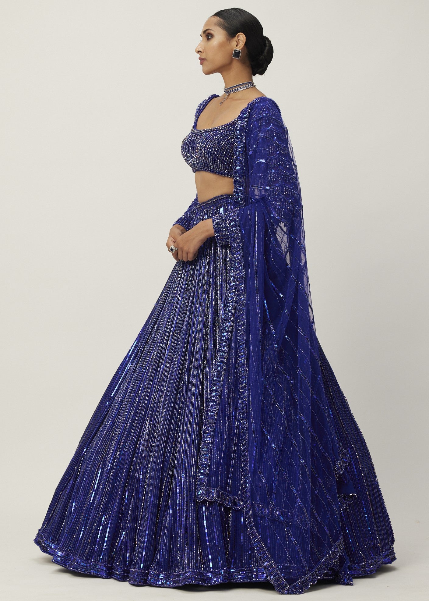 Cocktail Blue Crystal Linear Embroidered Lehenga Set