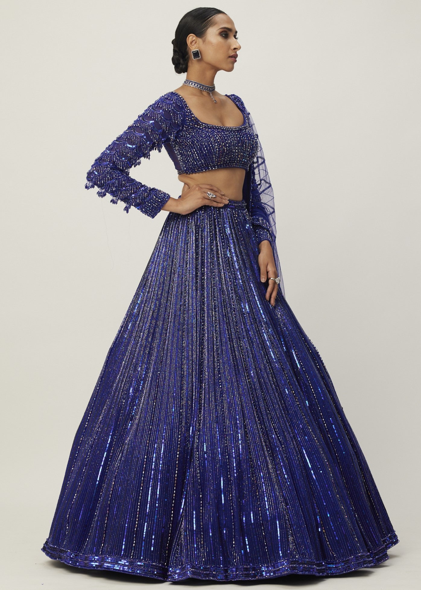 Cocktail Blue Crystal Linear Embroidered Lehenga Set