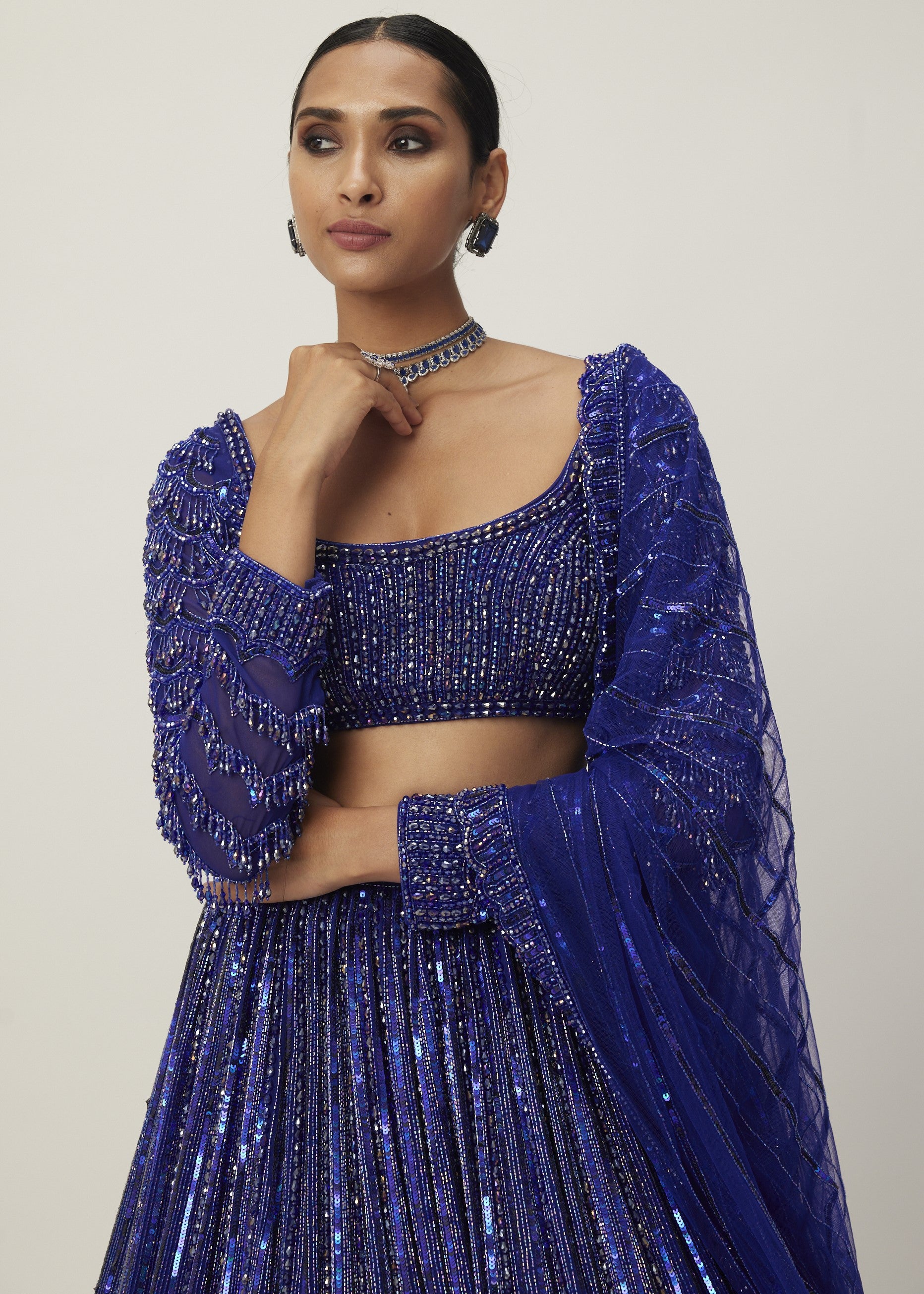 Cocktail Blue Crystal Linear Embroidered Lehenga Set