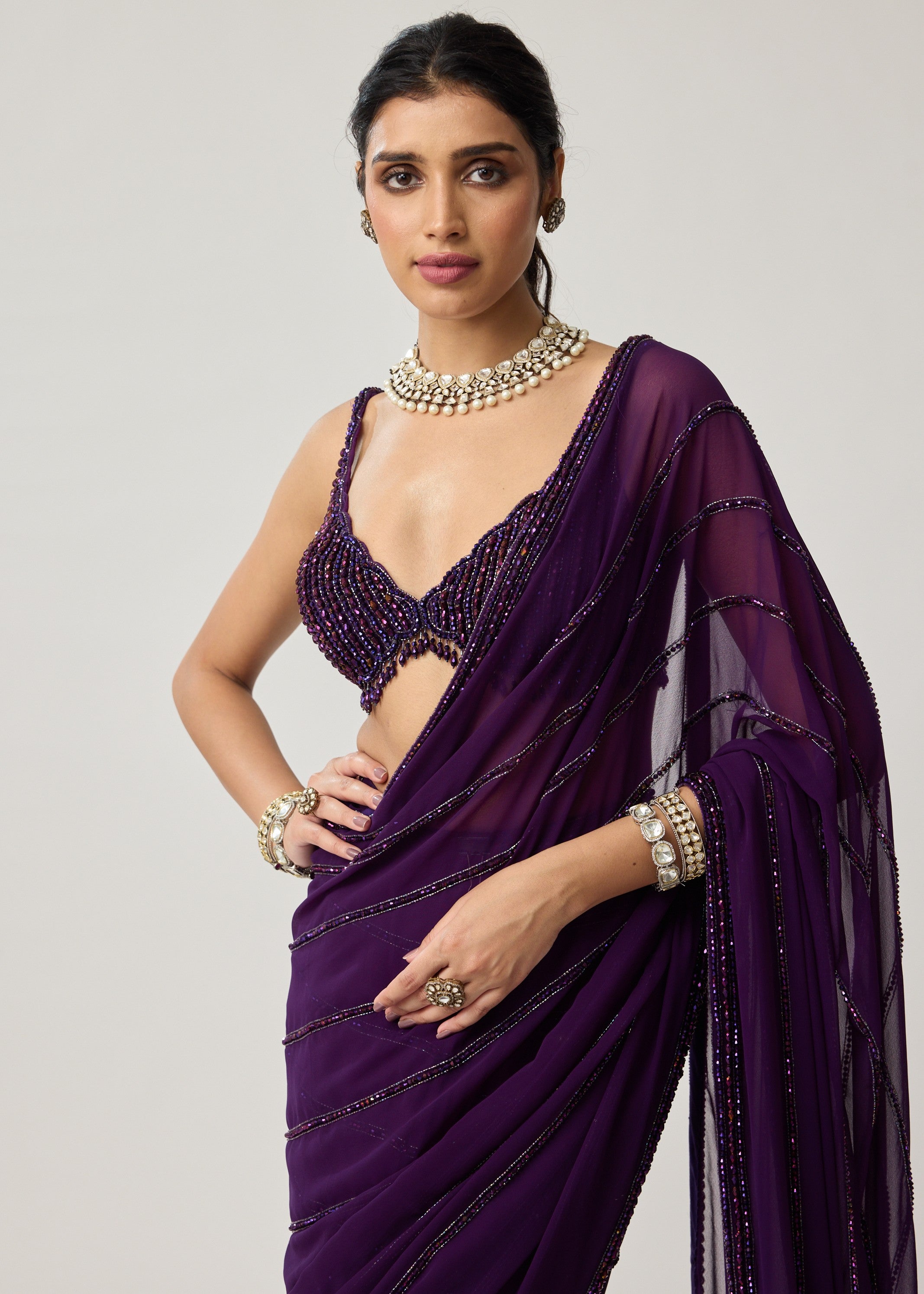 Royalty Purple Crystal Sari Set