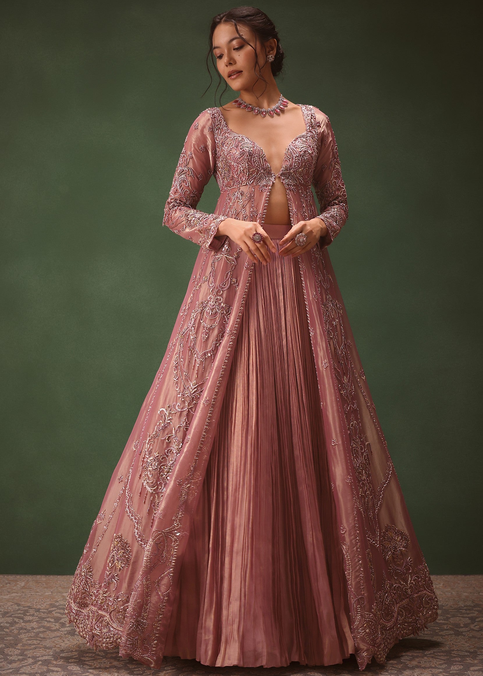 Lilac Embroidered Long Jacket With Ruched Lehenga