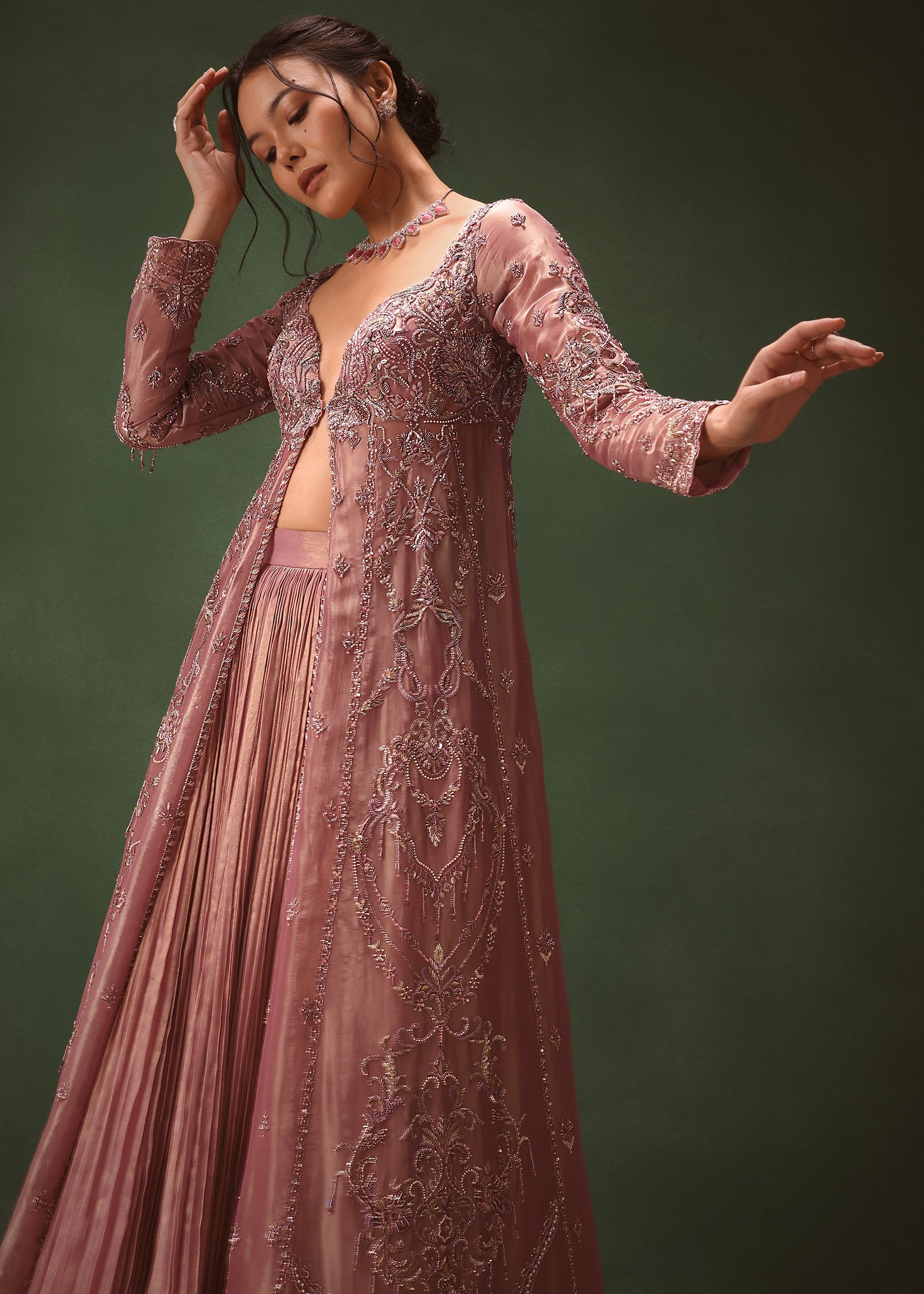 Lilac Embroidered Long Jacket With Ruched Lehenga