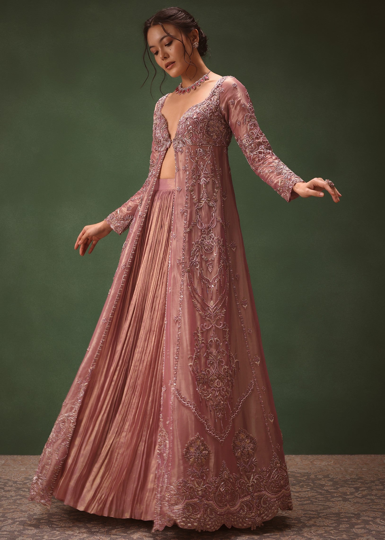 Lilac Embroidered Long Jacket With Ruched Lehenga