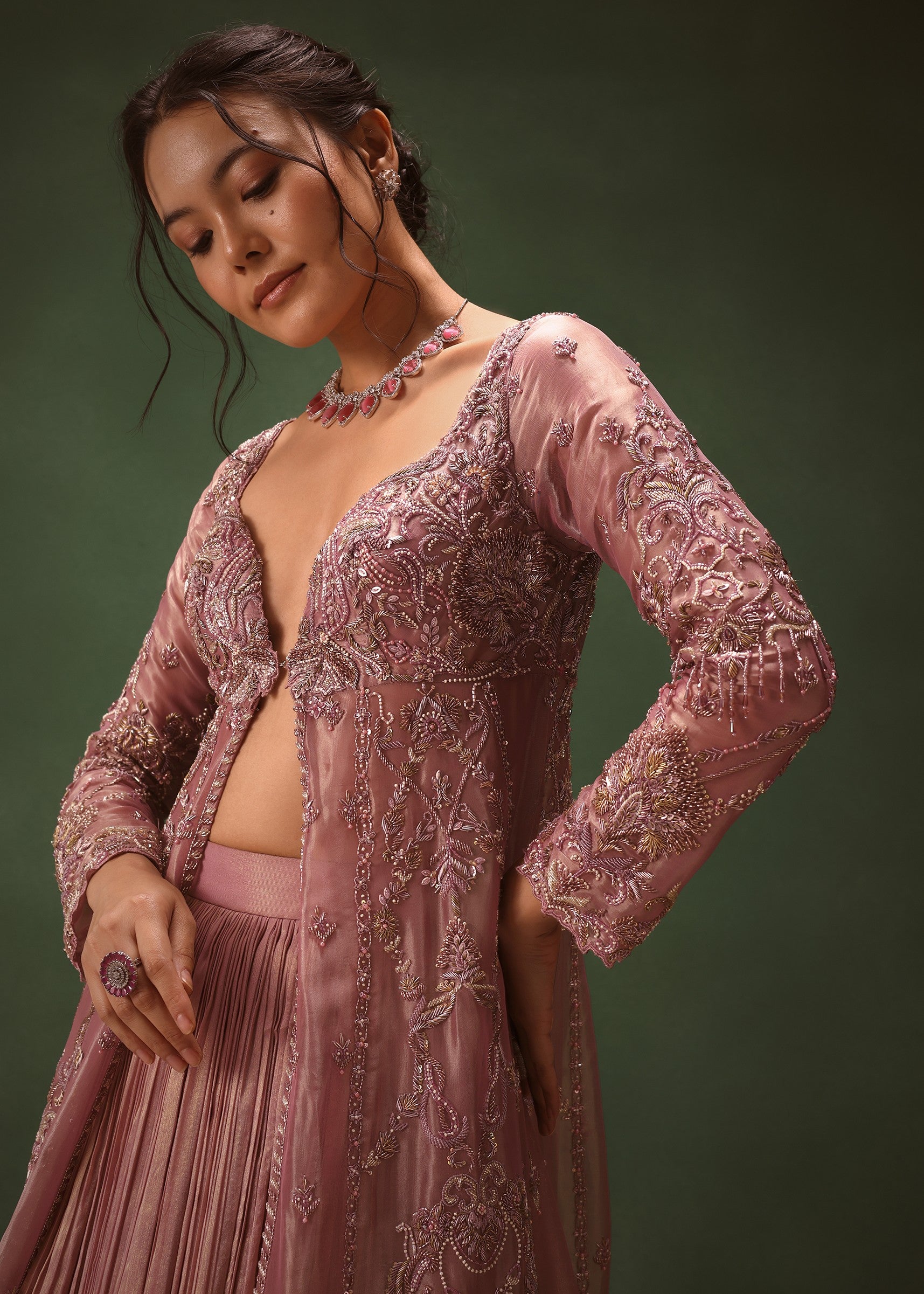 Lilac Embroidered Long Jacket With Ruched Lehenga