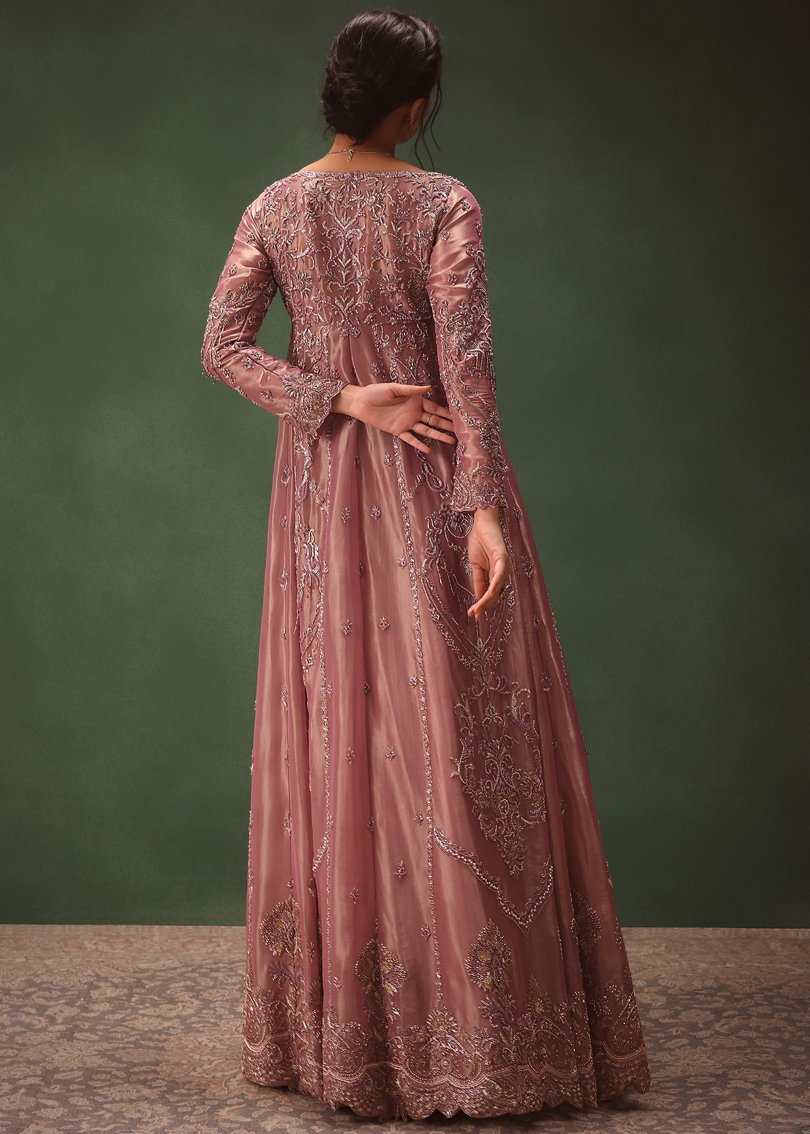Lilac Embroidered Long Jacket With Ruched Lehenga