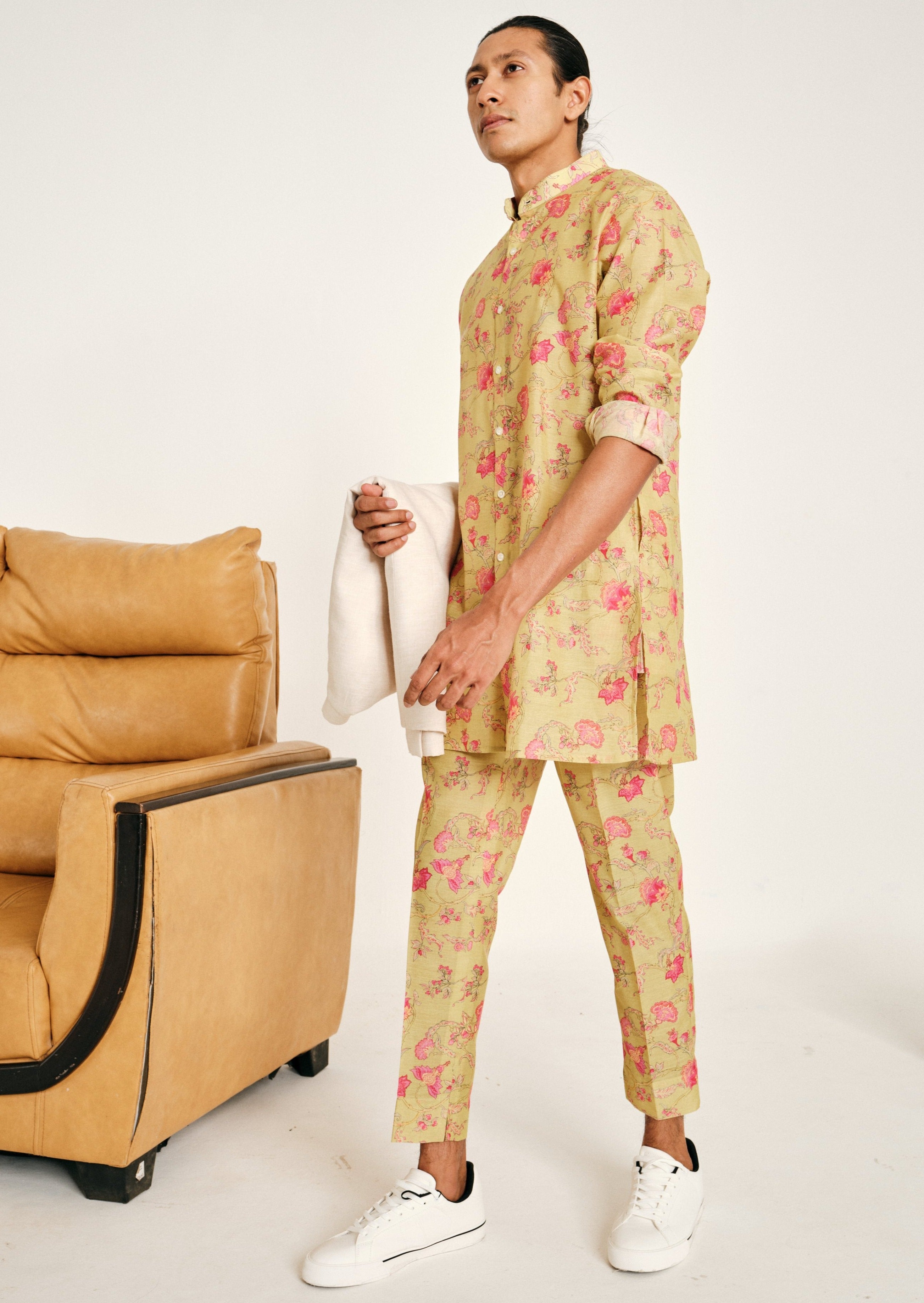 Lime and Pink Floral Rhapsody Kora Chanderi Kurta Pajama Set