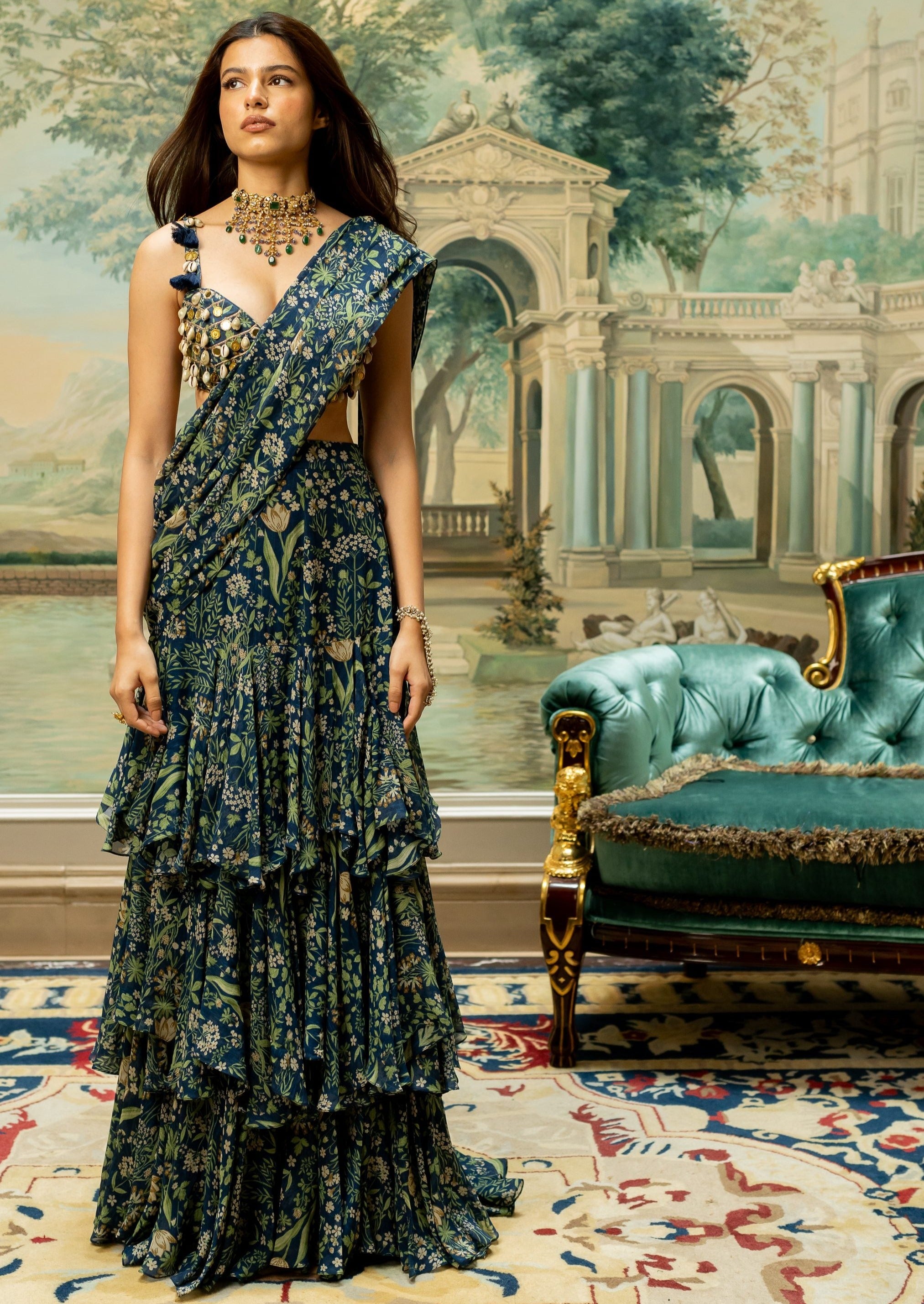 Navy Blue Printed Tiered Pre-Draped Sari