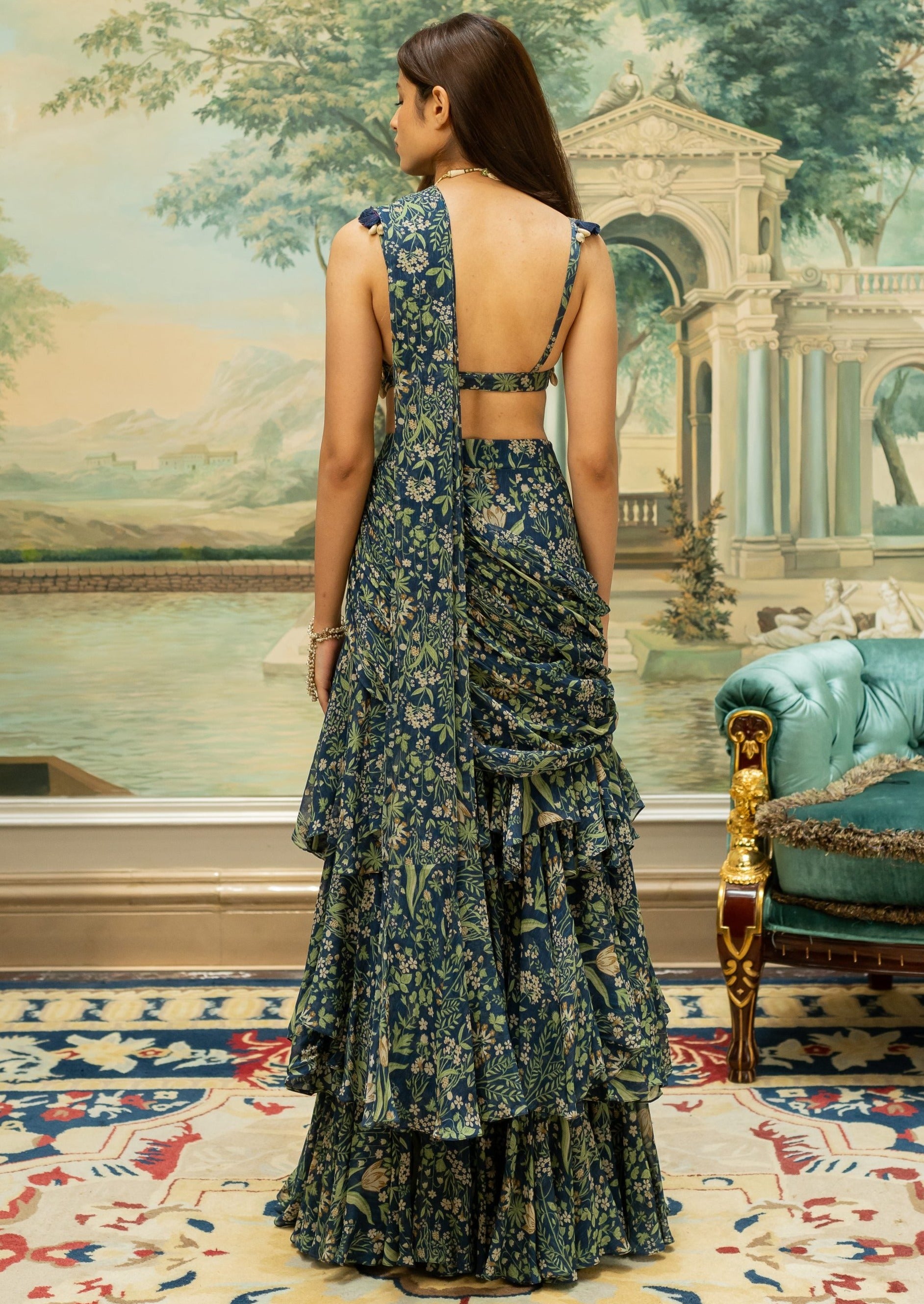 Navy Blue Printed Tiered Pre-Draped Sari