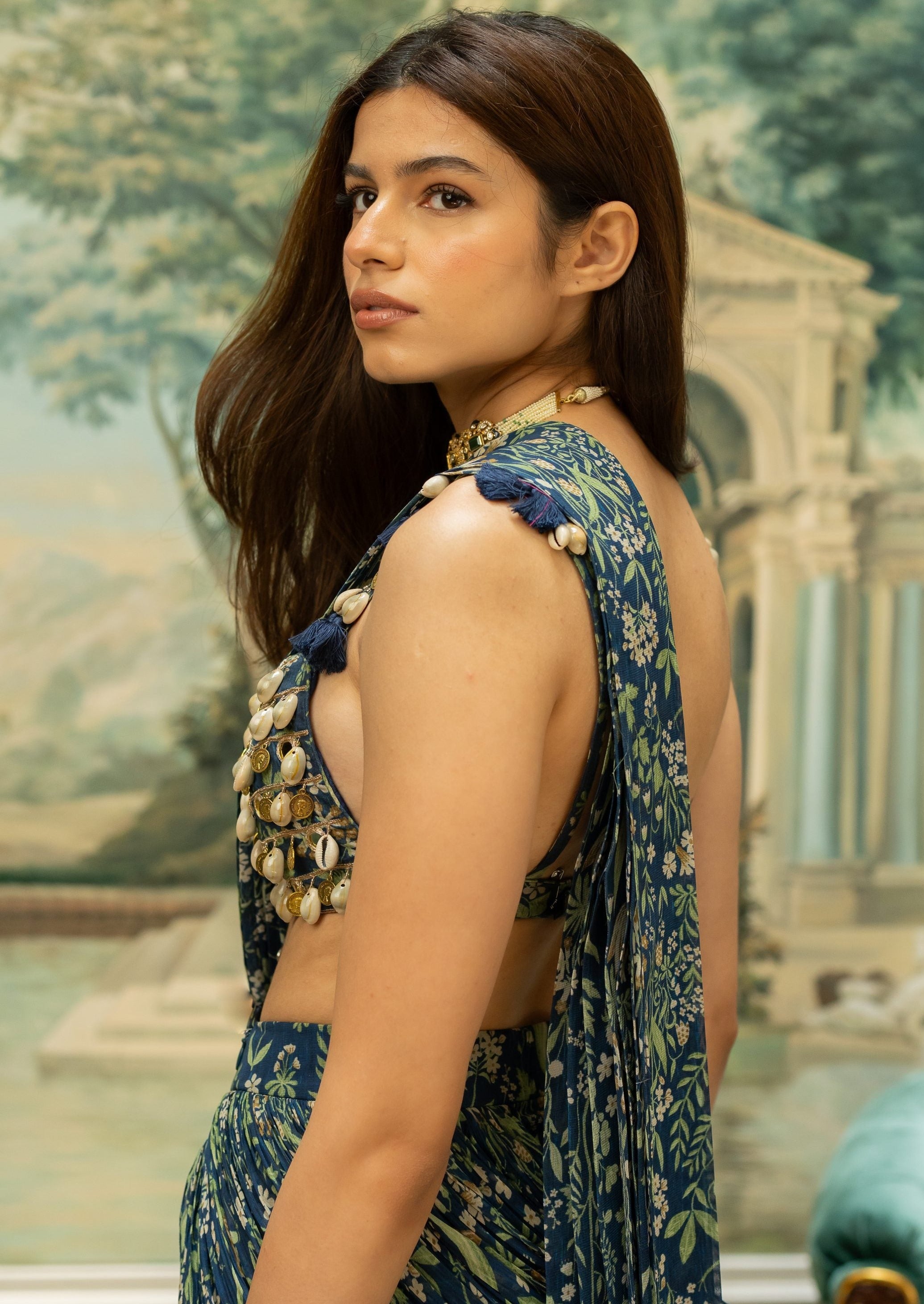 Navy Blue Printed Tiered Pre-Draped Sari