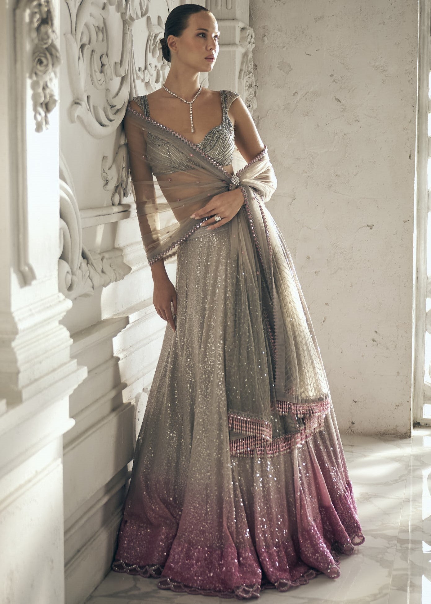 Grey-to-Pink Ombre Sequins Lehenga