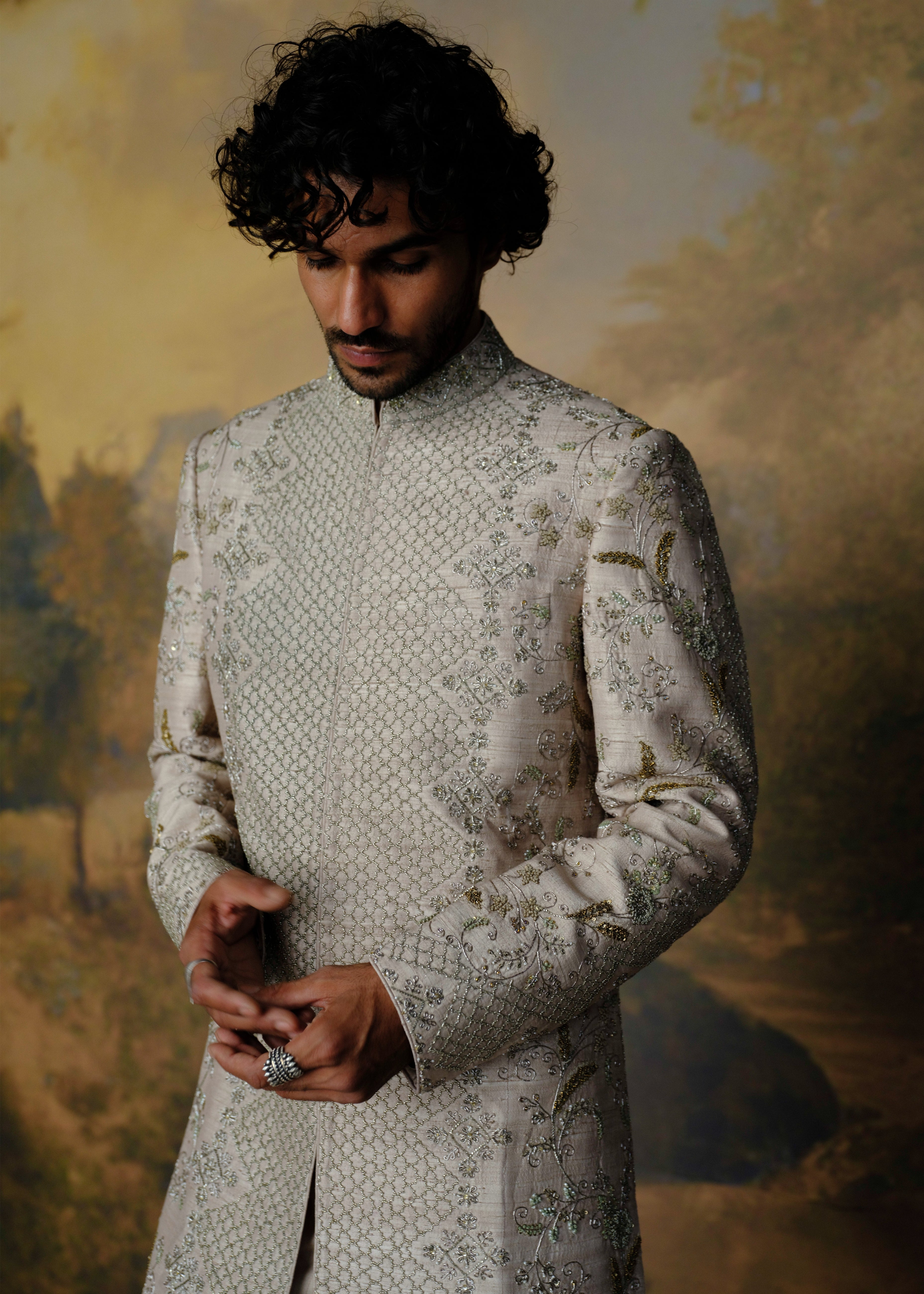 Beige Embroidered Sherwani Set