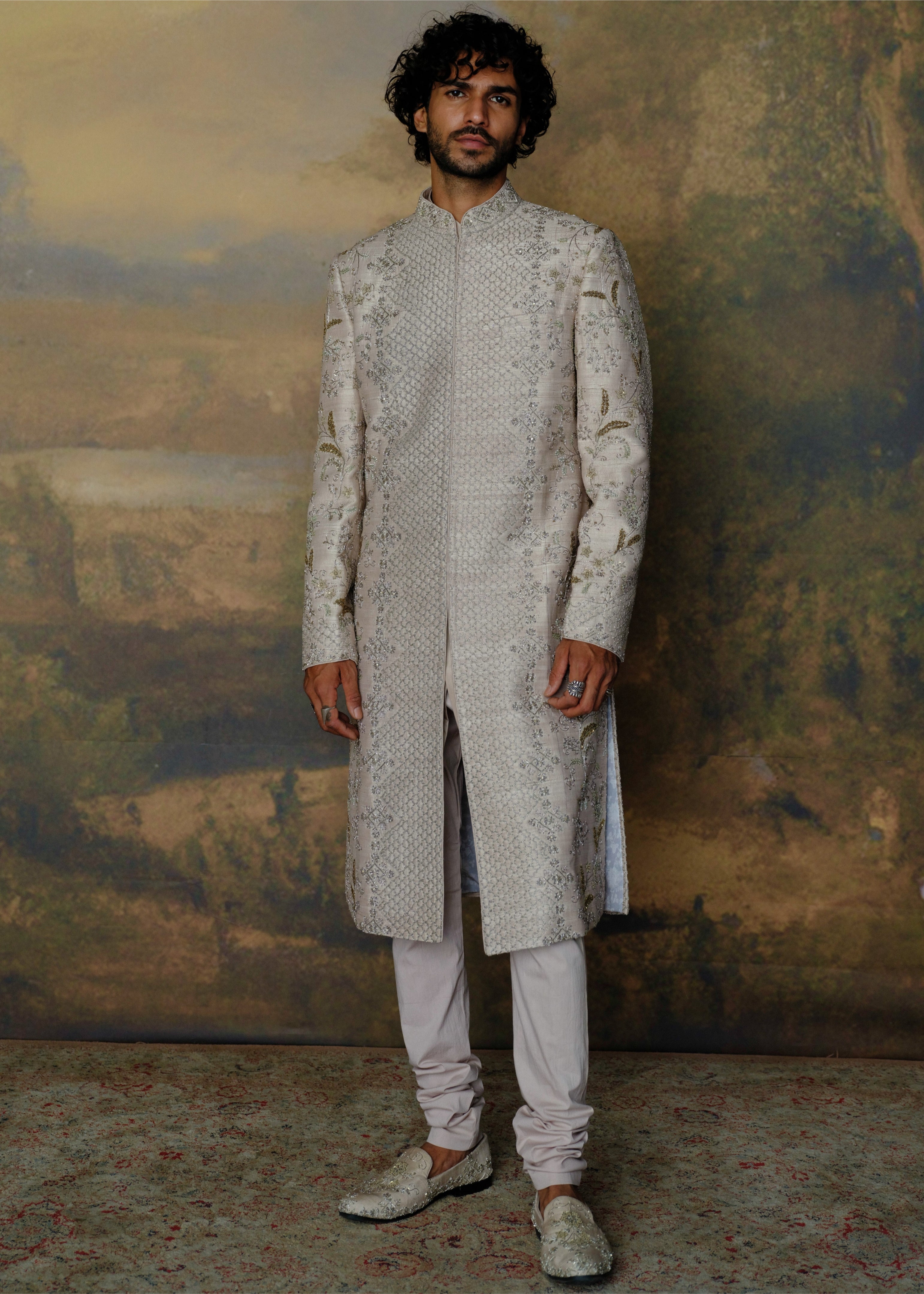 Beige Embroidered Sherwani Set
