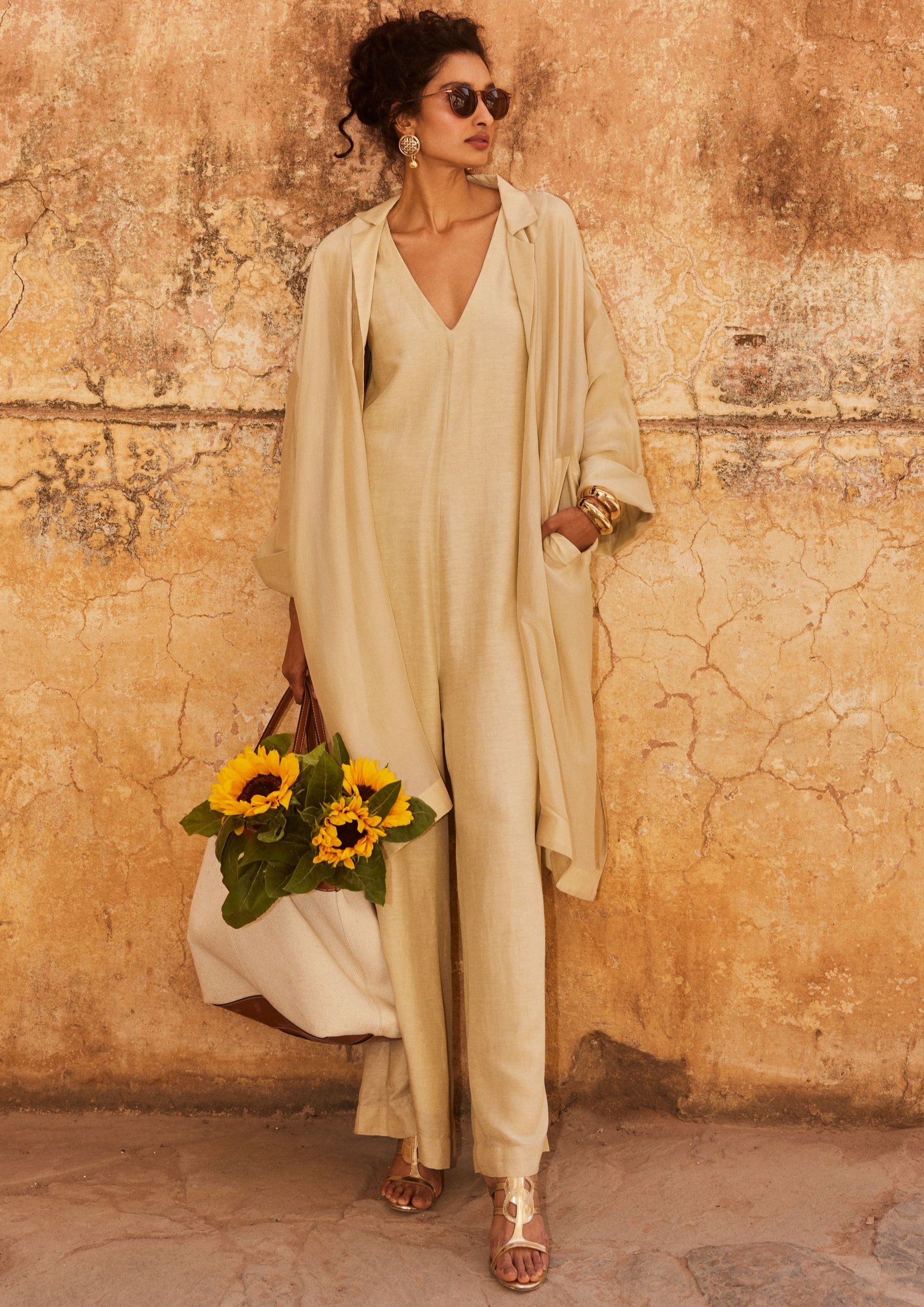 knee length dresses for ladies Ivory Relaxed Fit Linen Jumpsuit with Silk Organza Jacket M / Ivory