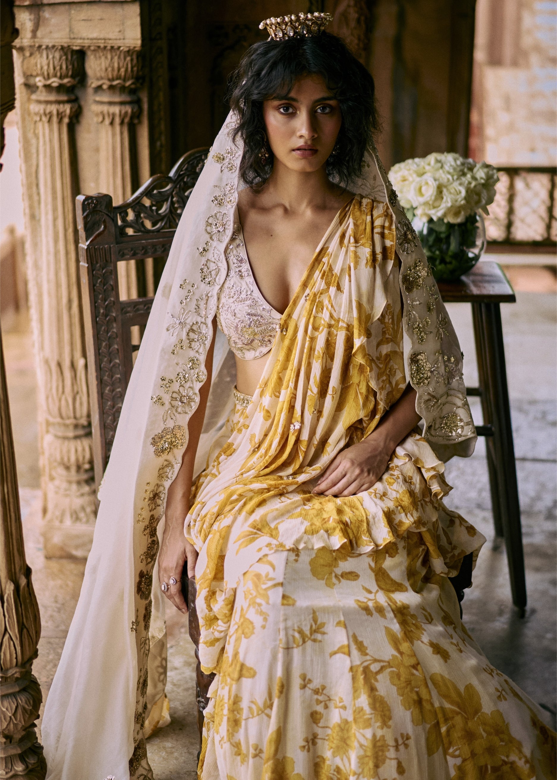 Floral Ruffle Pre-Draped Sari