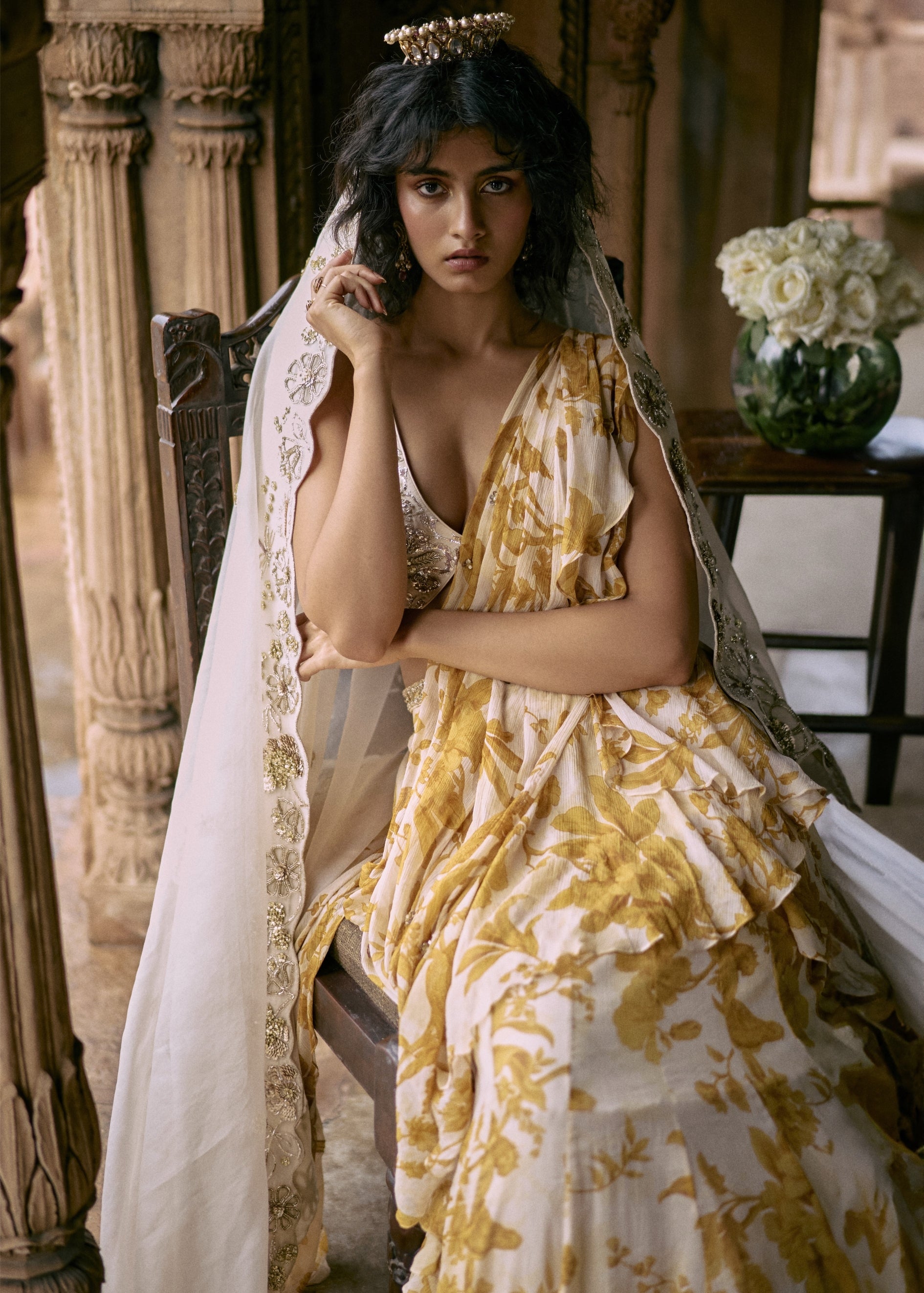 Floral Ruffle Pre-Draped Sari