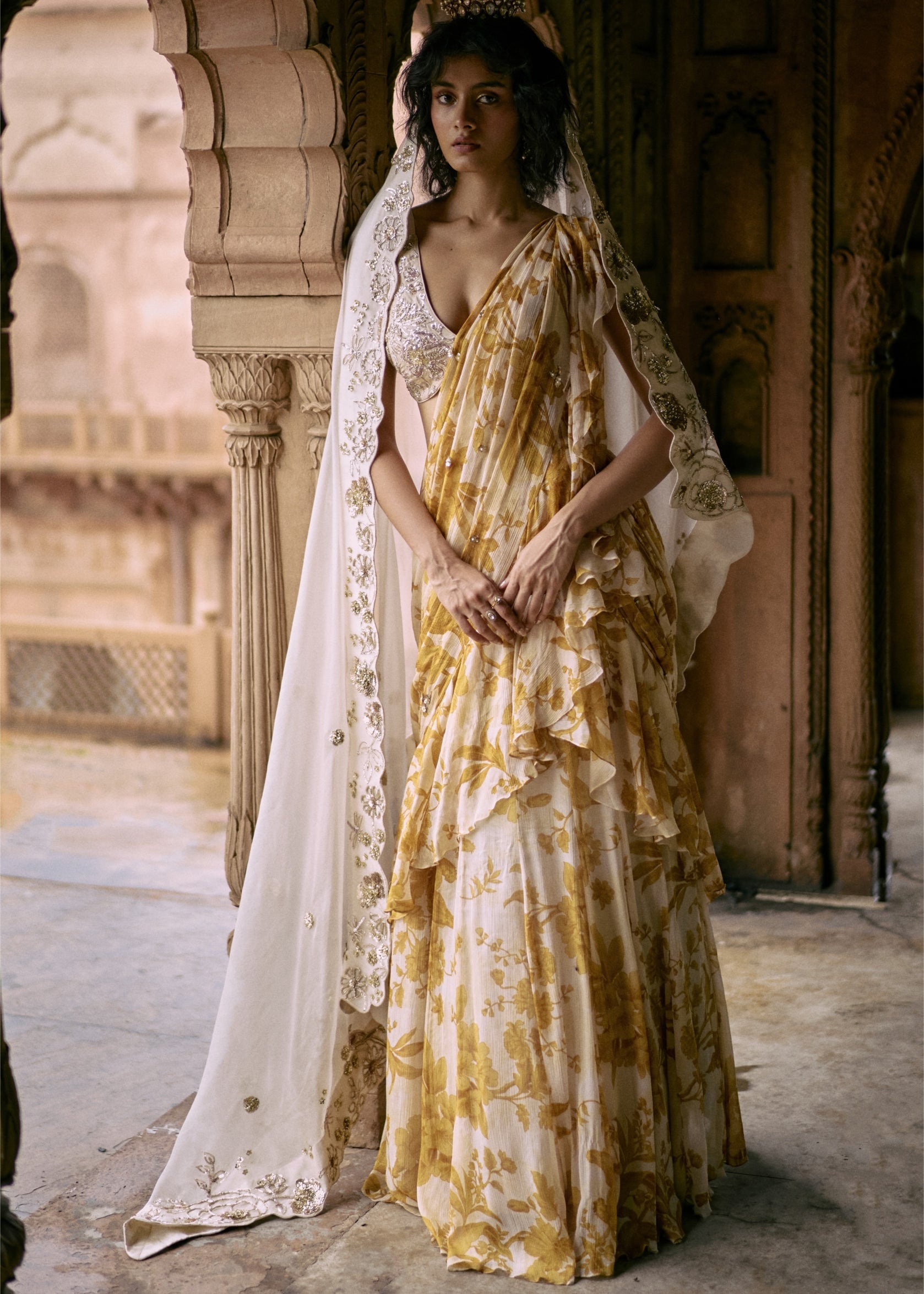 Floral Ruffle Pre-Draped Sari