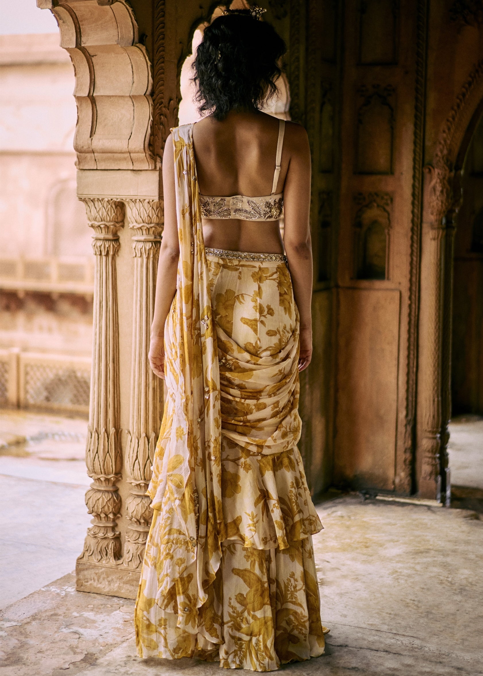 Floral Ruffle Pre-Draped Sari