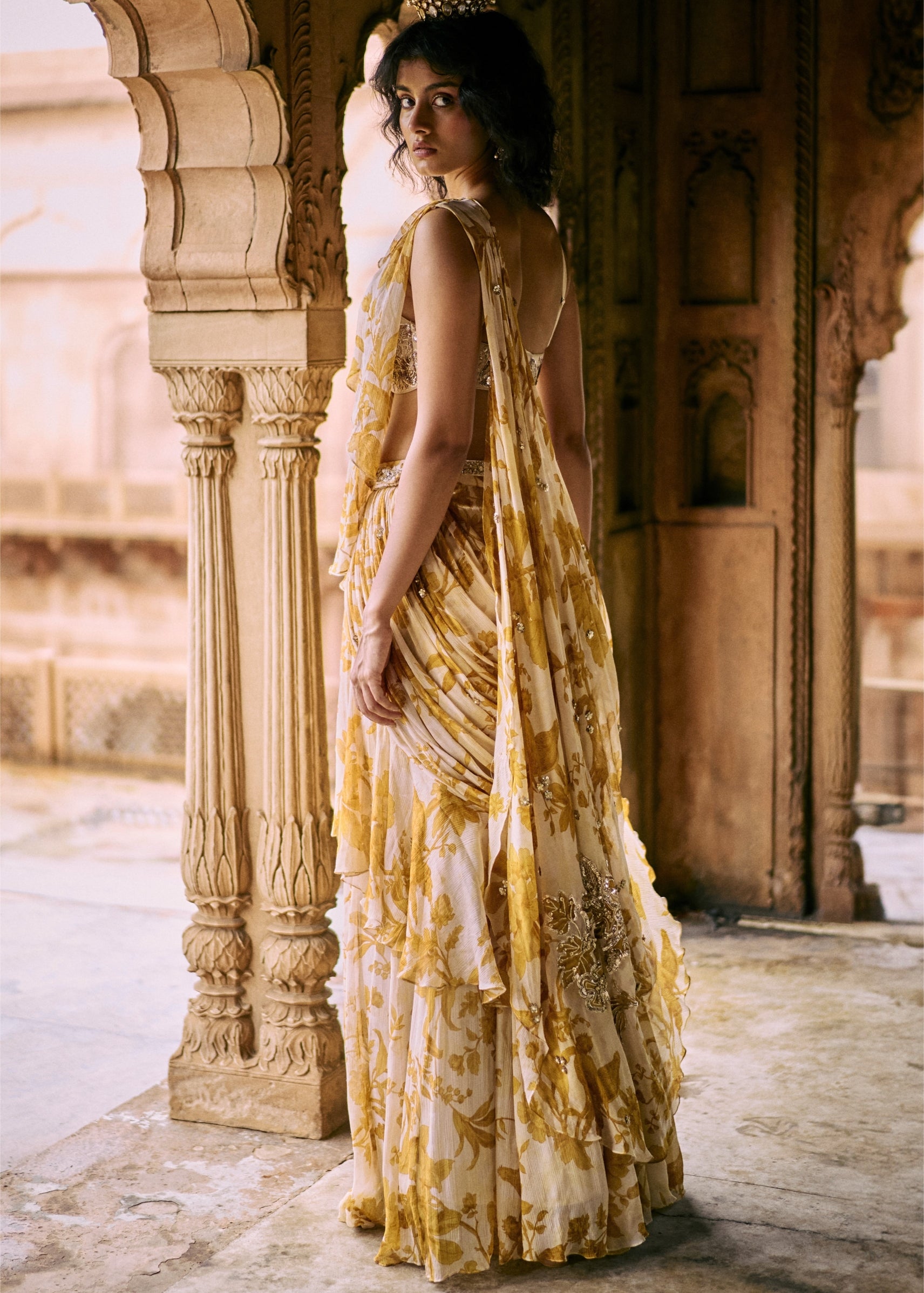 Floral Ruffle Pre-Draped Sari