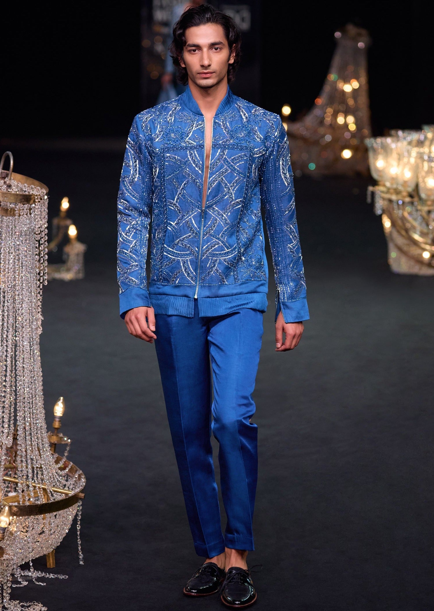 Blue Metallic Chain Bomber Jacket Set