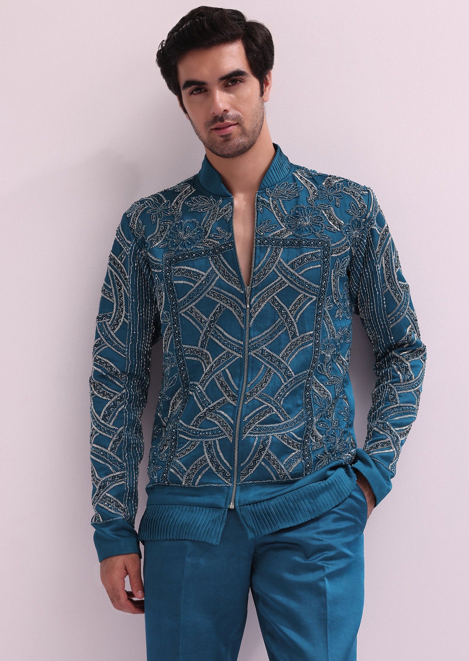 Blue Metallic Chain Bomber Jacket Set