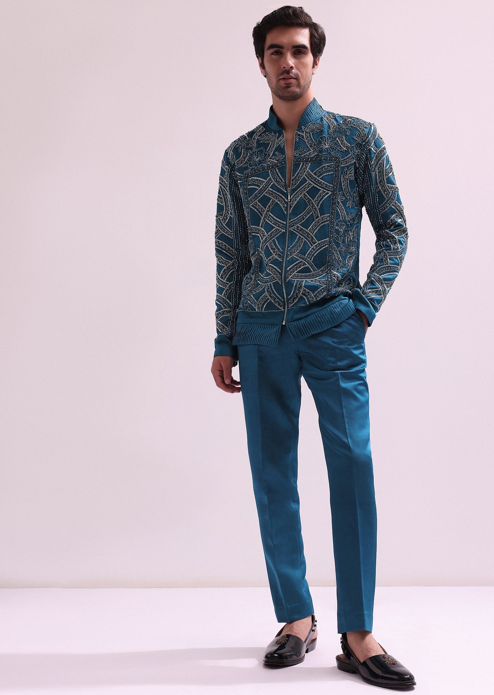 Blue Metallic Chain Bomber Jacket Set