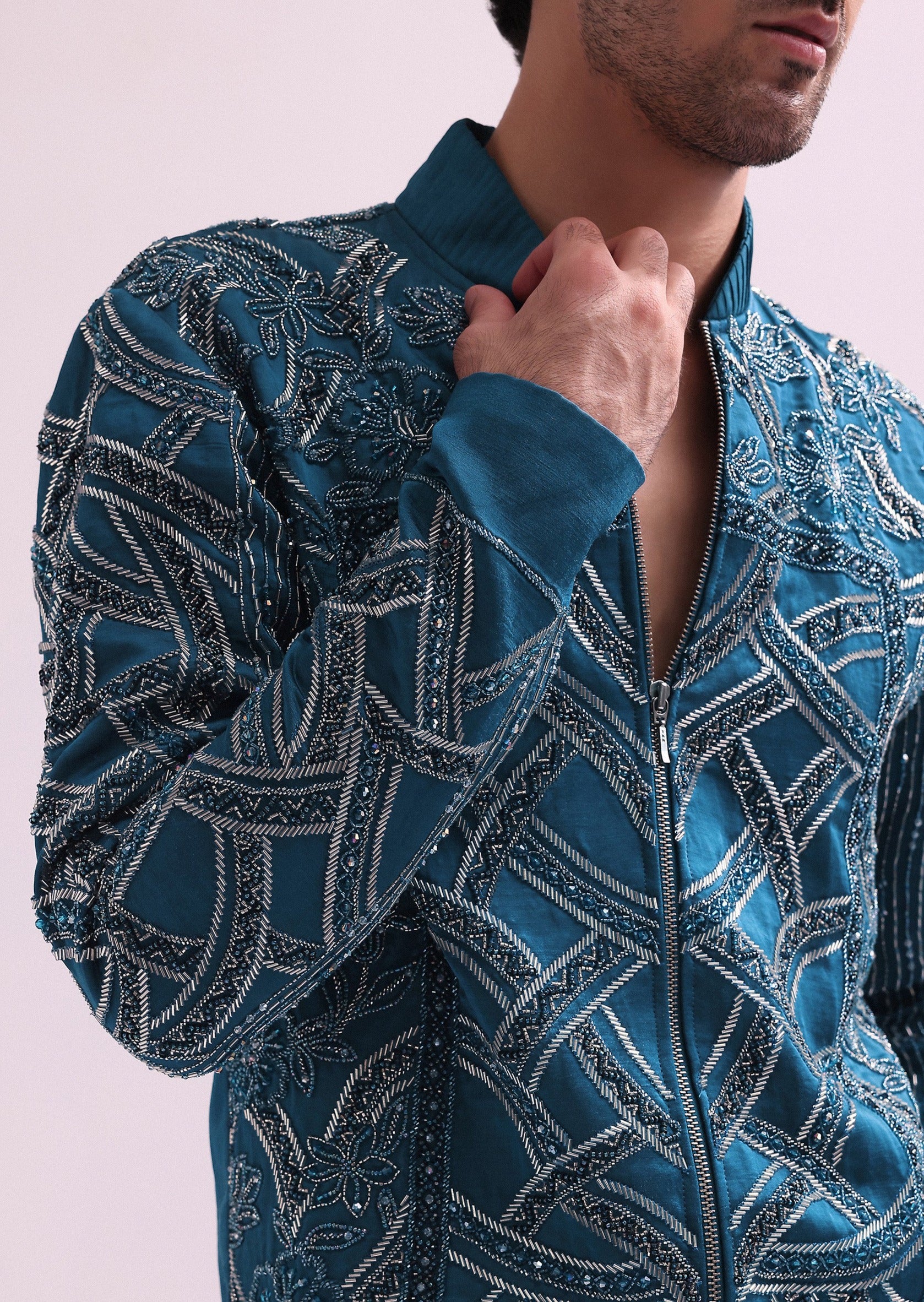 Blue Metallic Chain Bomber Jacket Set