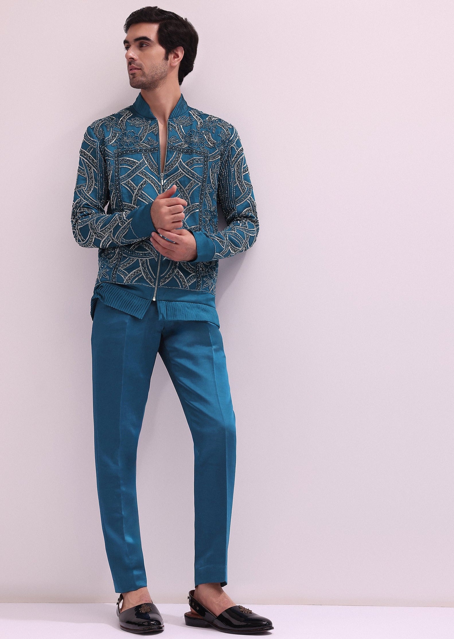 Blue Metallic Chain Bomber Jacket Set