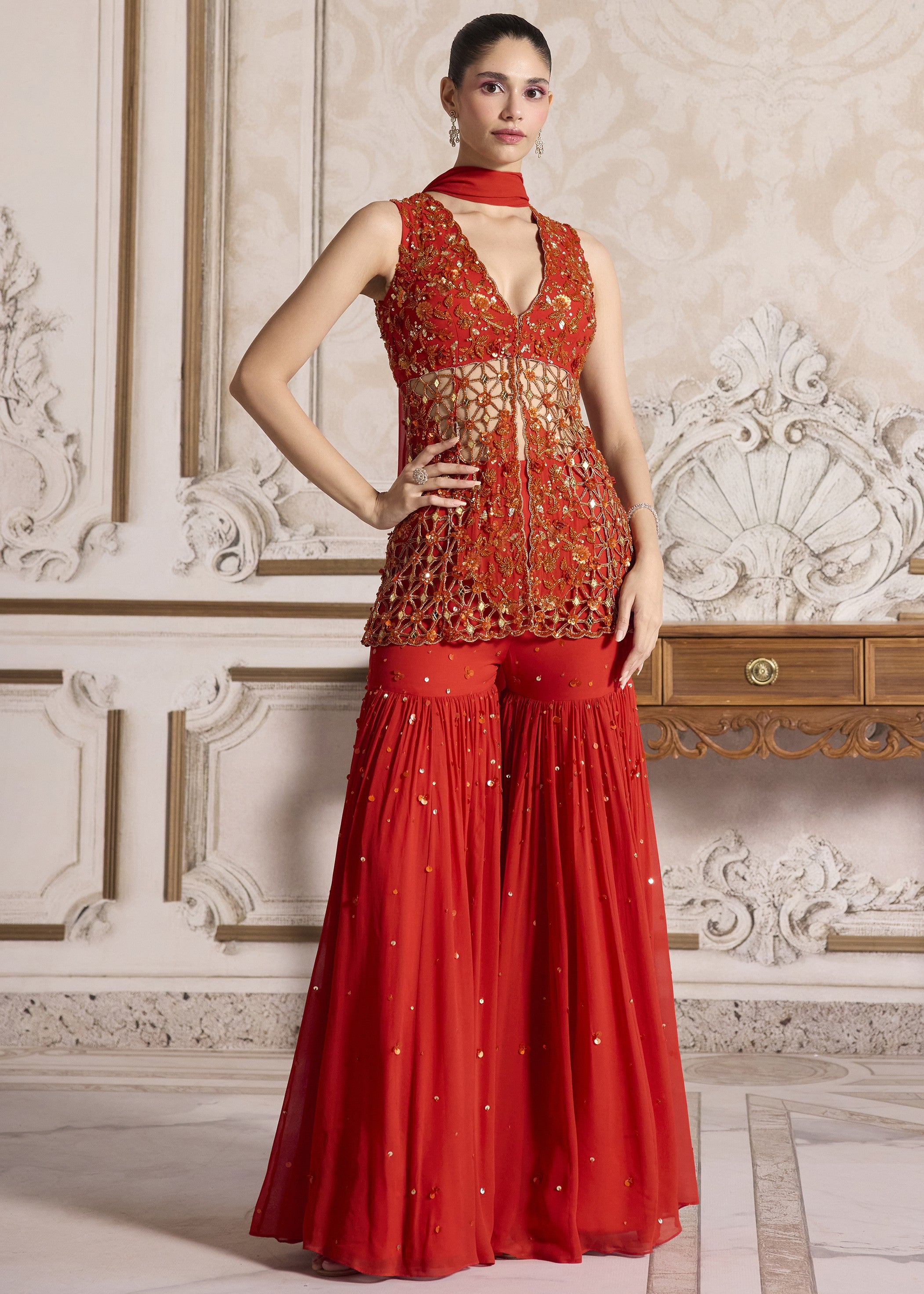 Rust Cut-work Peplum And Sharara
